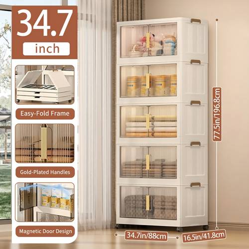 Armário de Armazenamento de Plástico Extragrande de 3/4/5 Níveis de 34,7 Polegadas - Caixas Empilháveis com Portas e Rodas, Organizador Dobrável para de para Quarto, , Cozinha, Escritório, Banheiro, Dormitório, Casa e
