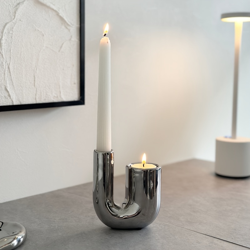 

Elegant Silver Ceramic Candlestick Holder - Perfect For Festive Occasions: Christmas, , Easter, Hanukkah, Thanksgiving