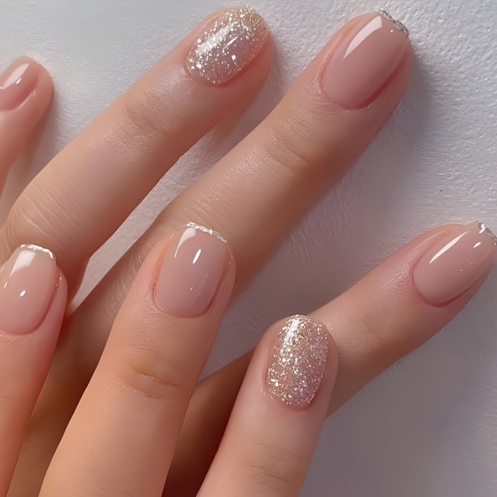 

24pcs Golden Nude Oval Press On Nails, Short Length With Pure Color & Strobe Finish, Glitter French Style Reusable False Nails Set