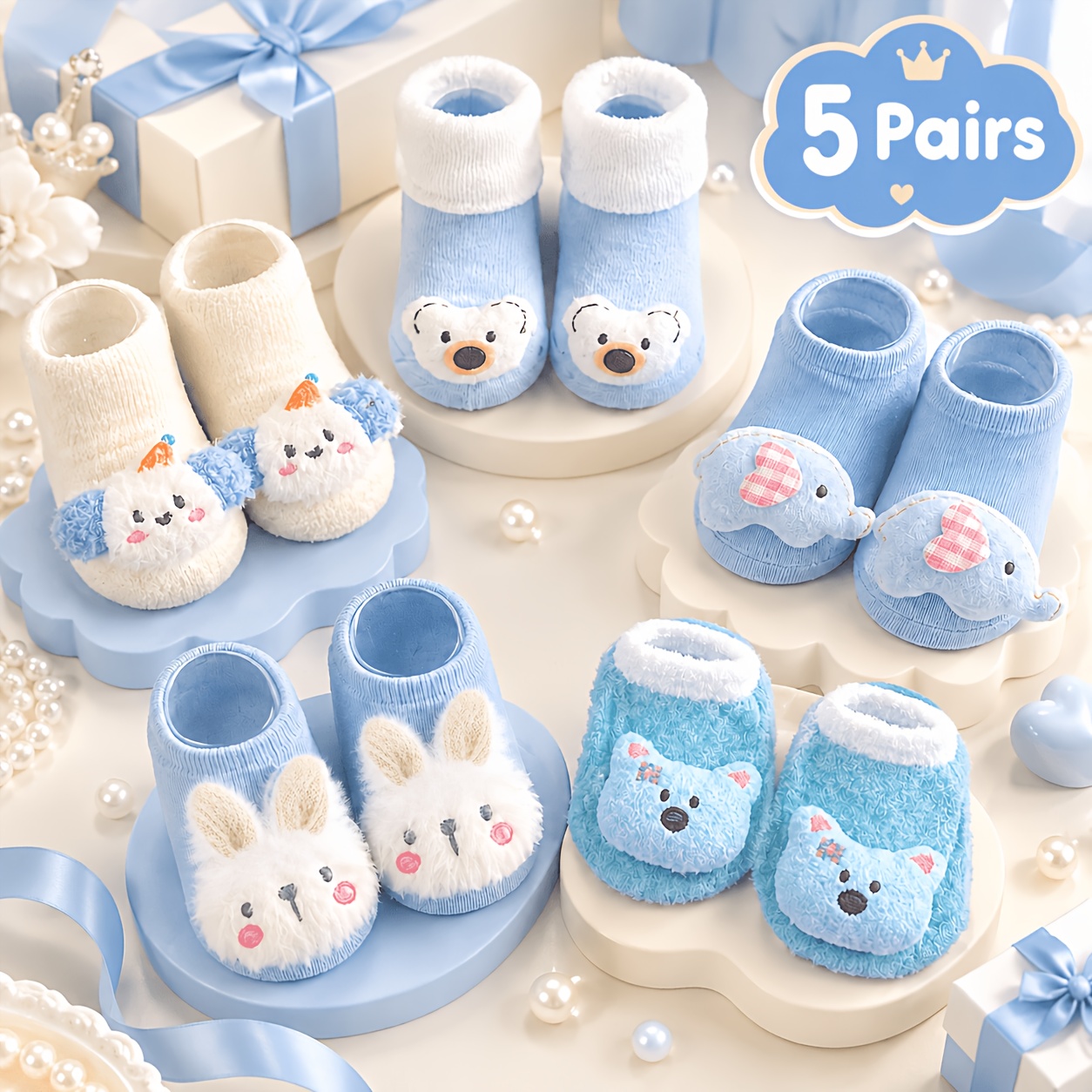TEMU 5 Pairs Boys' Blue- Cartoon Non-slip Socks, Baby Casual Non-slip Indoor Walking Boat Socks, Breathable Soft Comfortable