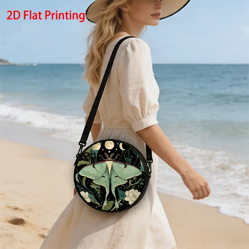 TEMU Sacoche ronde à bandoulière imprimée 2D, 1 pièce, motif , sac à main décontracté pour femme, sangle d'épaule réglable avec fermeture éclair et