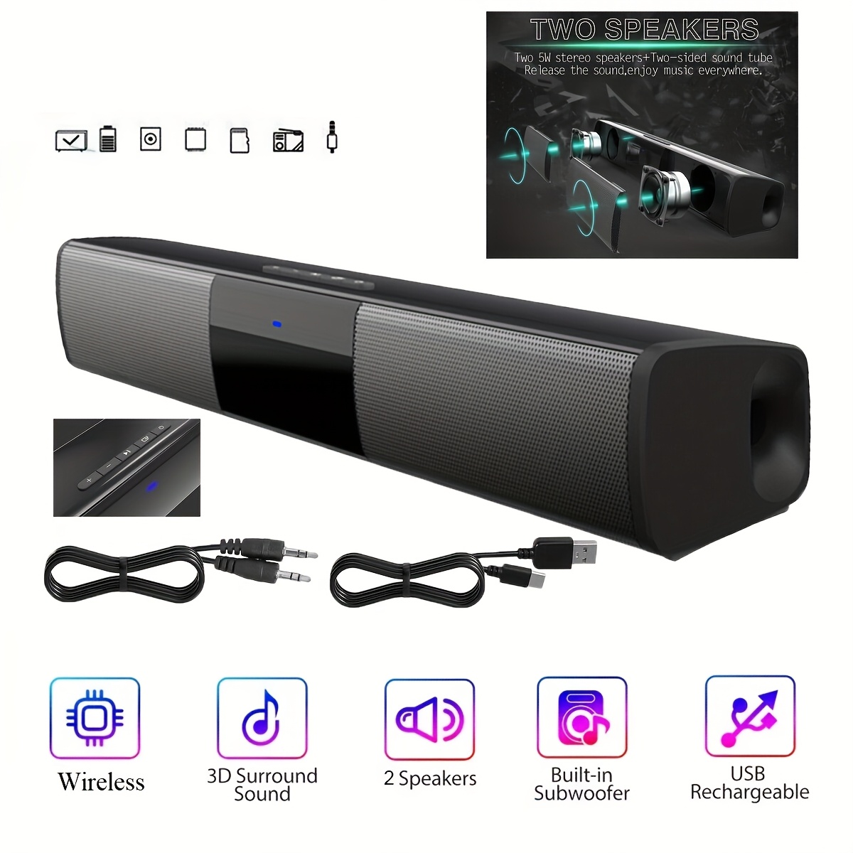 TEMU Wireless Sound Bar For Tv, 13-inch 5.0 Soundbar Fm, Arc/optical/aux/tws Connection, Surround Sound System For Home Theater 2pcs Bluetooth