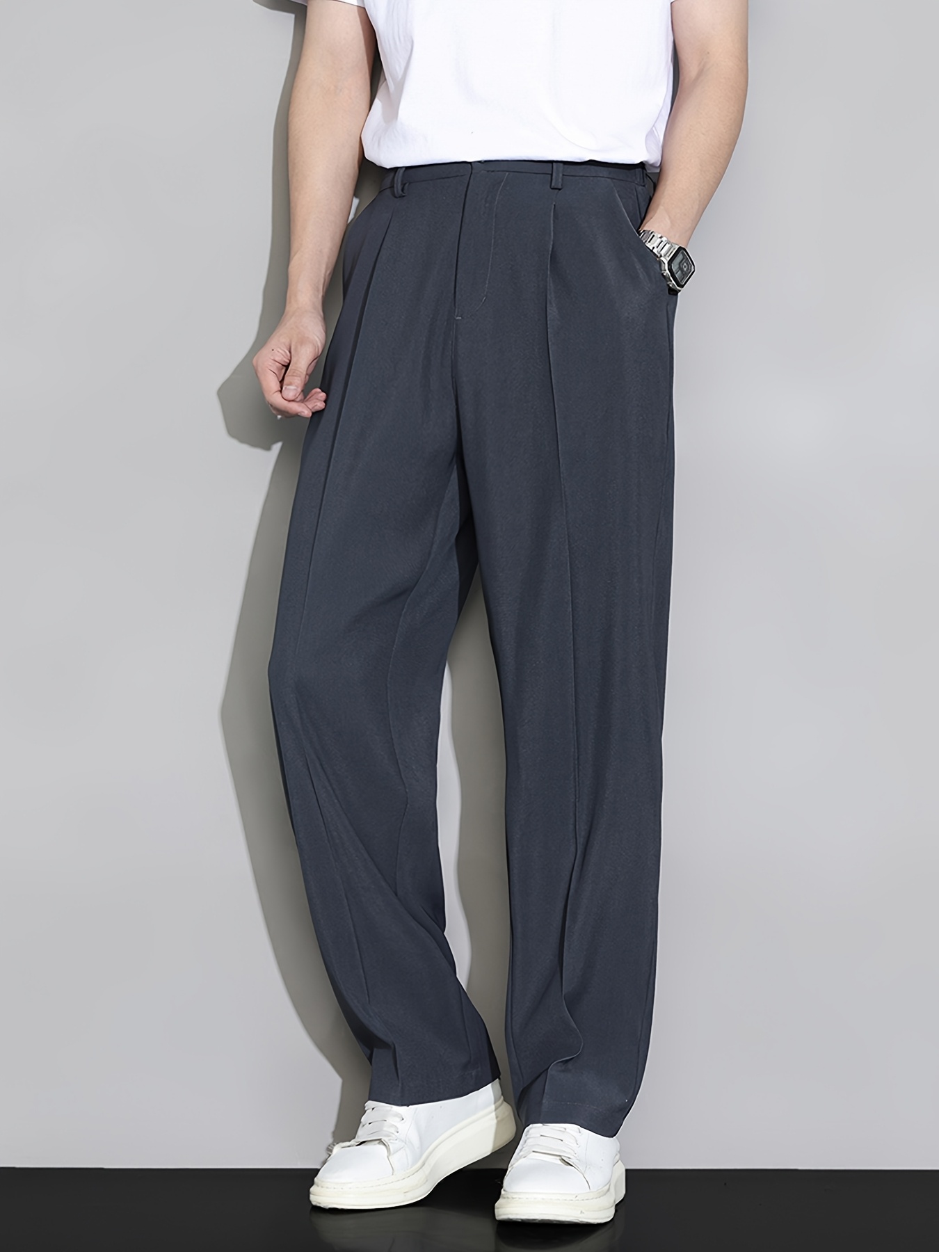 men's straight leg casual pants half elastic waistband real