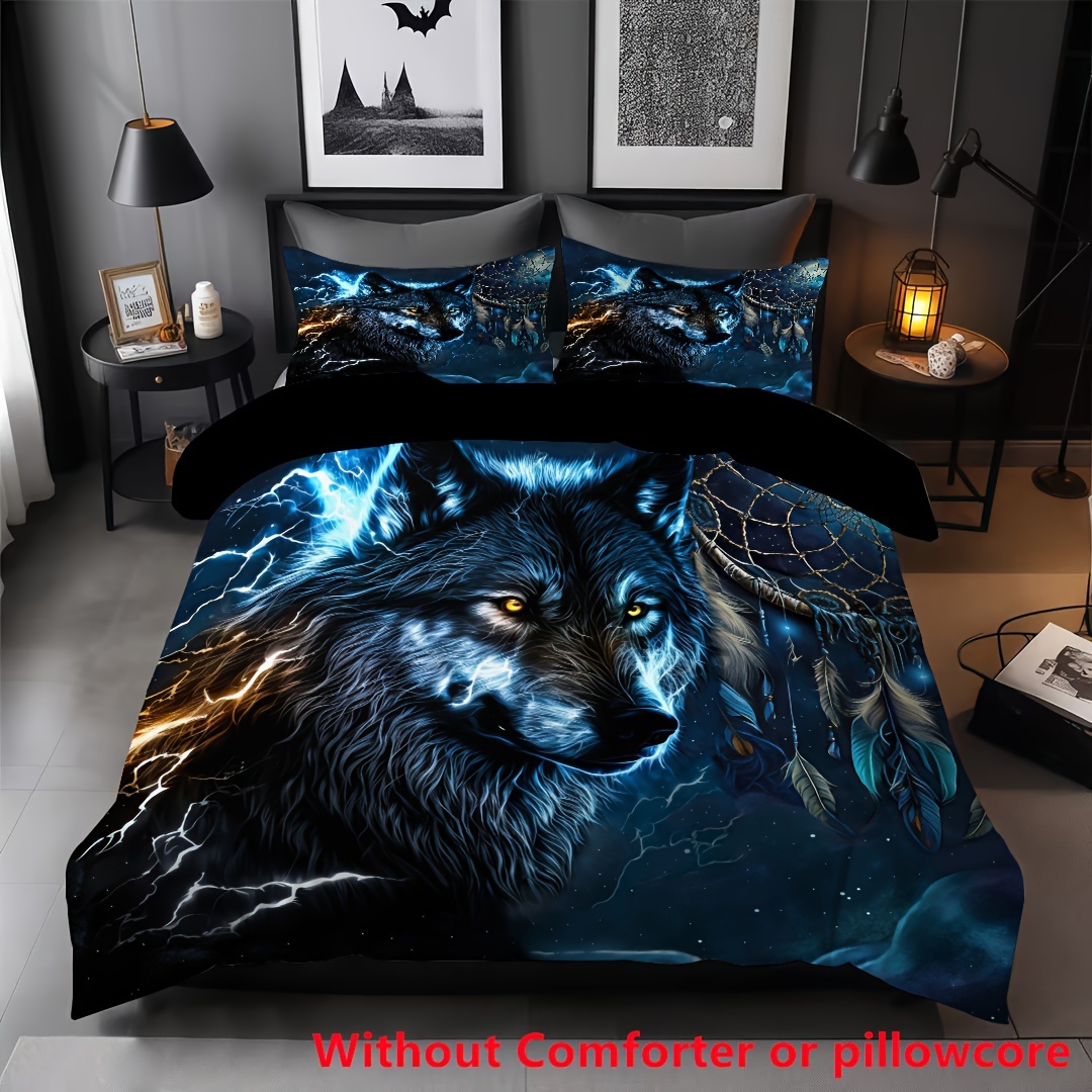 Image of 2/3pcs 3d Wolf Animal Dreamcatcher Print Duvet Cover Set (1 Duvet Cover + 1/，2 Pillowcase, Without Core), Soft Comfortable Bedding Set, For Bedroom, Dorm, Home Decor
