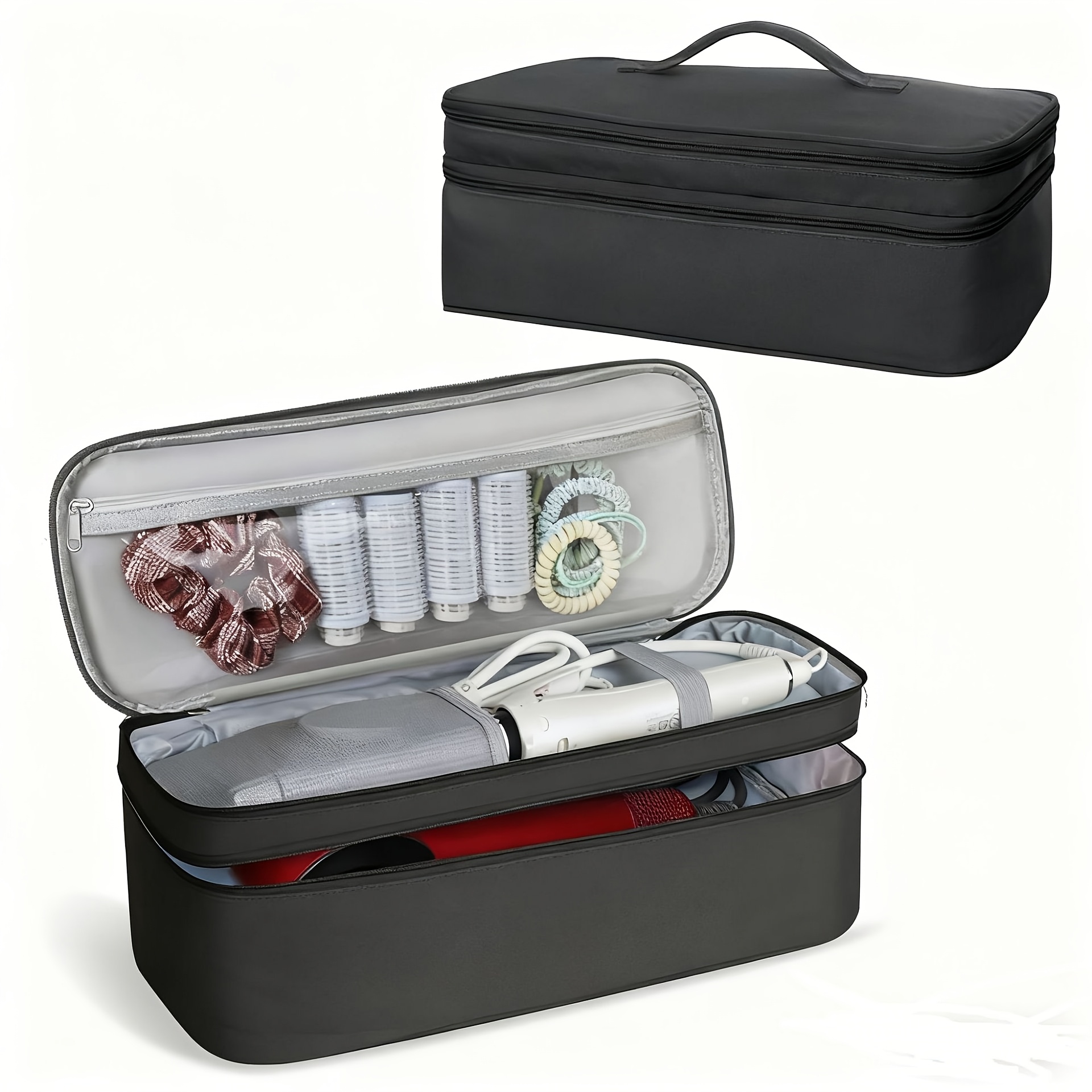 TEMU Bolsa de almacenamiento para rizador, bolsa portátil de capa para secador de pelo, bolsa de almacenamiento para plancha con compartimentos,