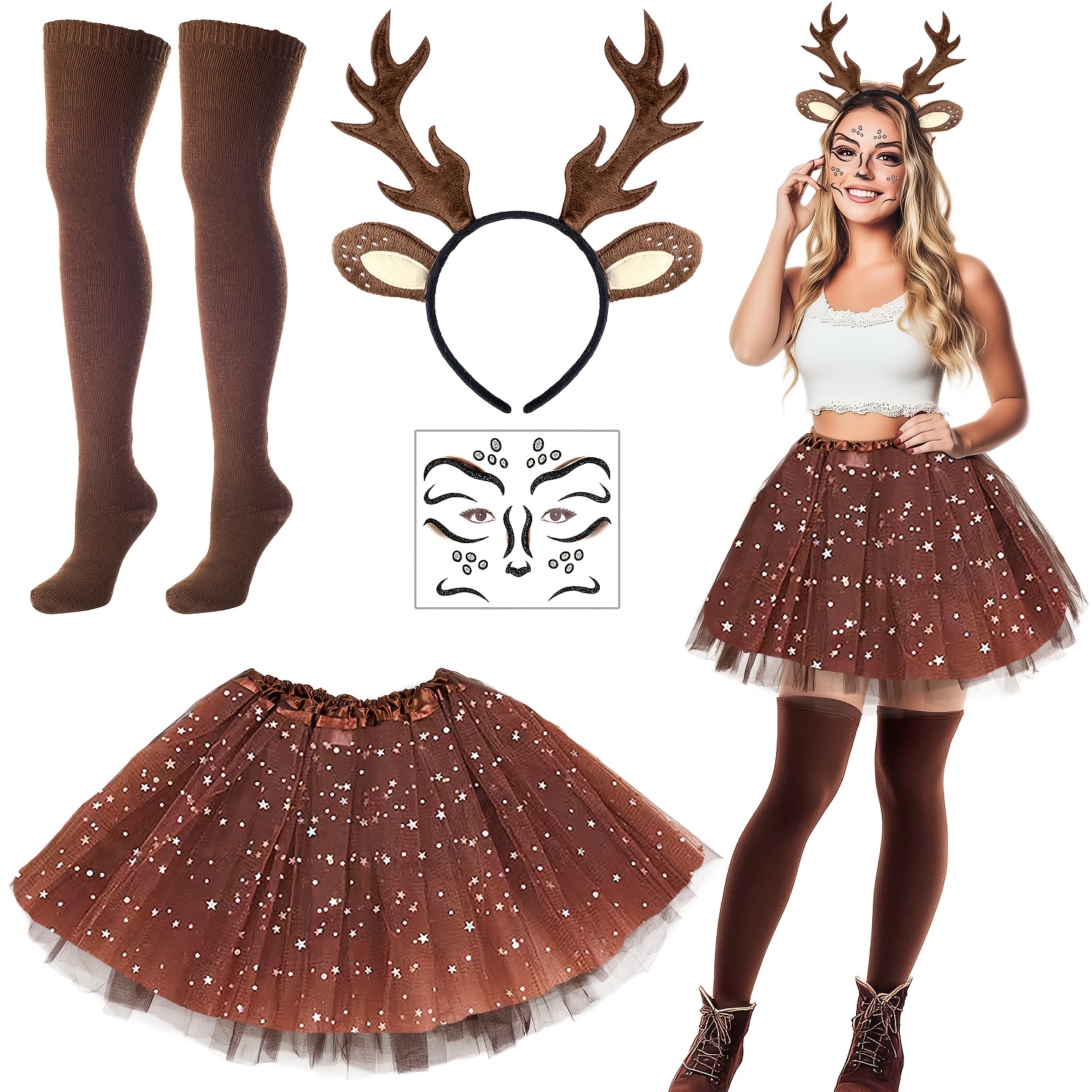 Image of Carnival Deer Costume Women's Deer Antlers Headband With Reindeer Ears Tutu Skirt Socks Deer Face Tattoo Deer Costume Accessory, Women's Deer Costume Carnival Fancy Dress Theme Party