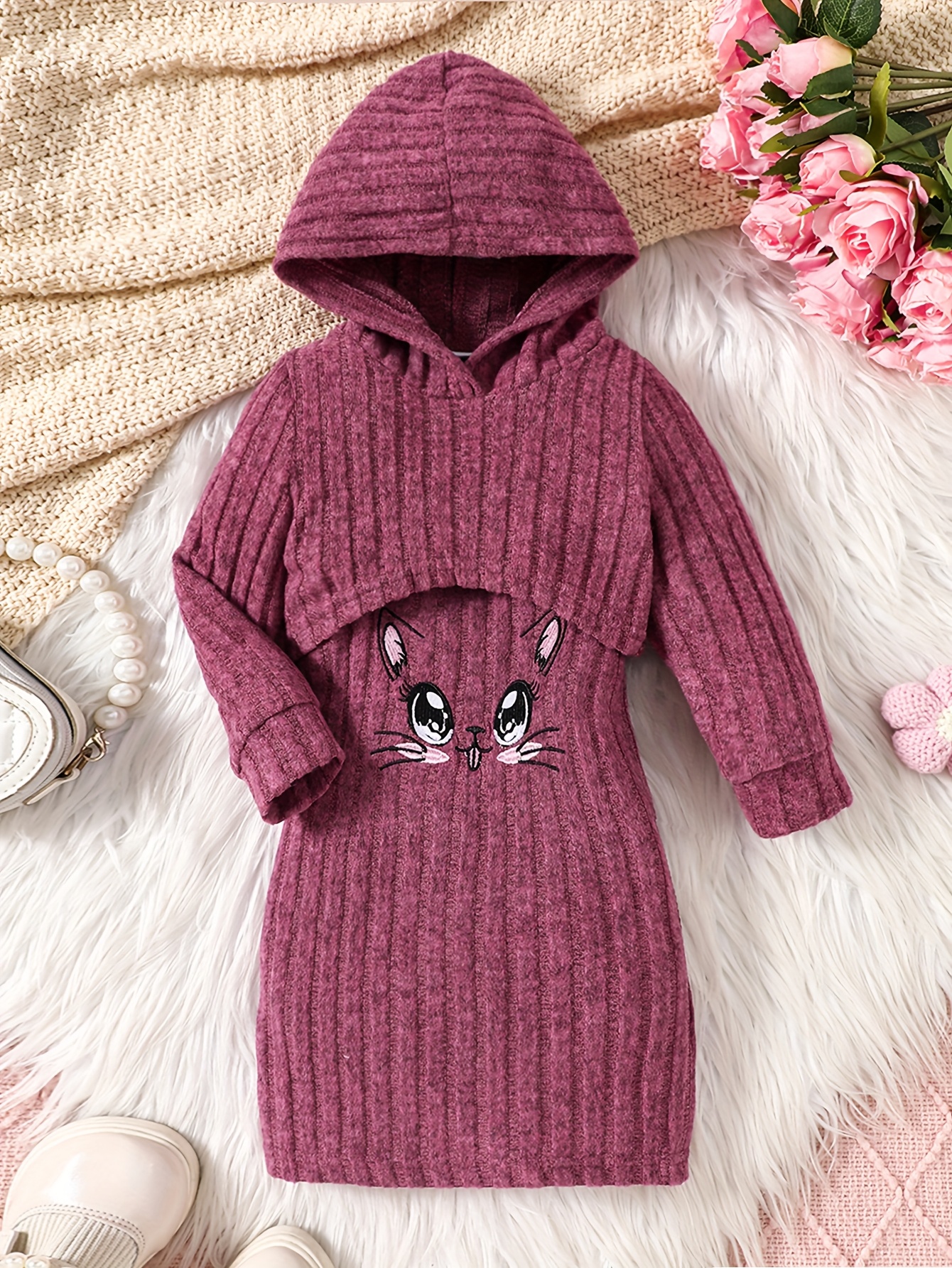 a cute and trendy two piece set for baby girls and toddlers featuring a hooded long sleeve top with ribbed stripes and a cat embroidered dress   outdoor activities and everyday wear making it an   gift   for girls on special occasions Product details 5
