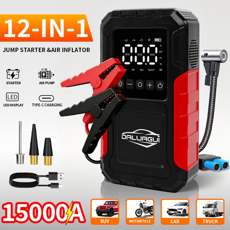 TEMU 15000a Portable Car Emergency Supply, With Intelligent Battery Charging Function, Optional 150psi Tire Inflation Pump, With Digital Display
