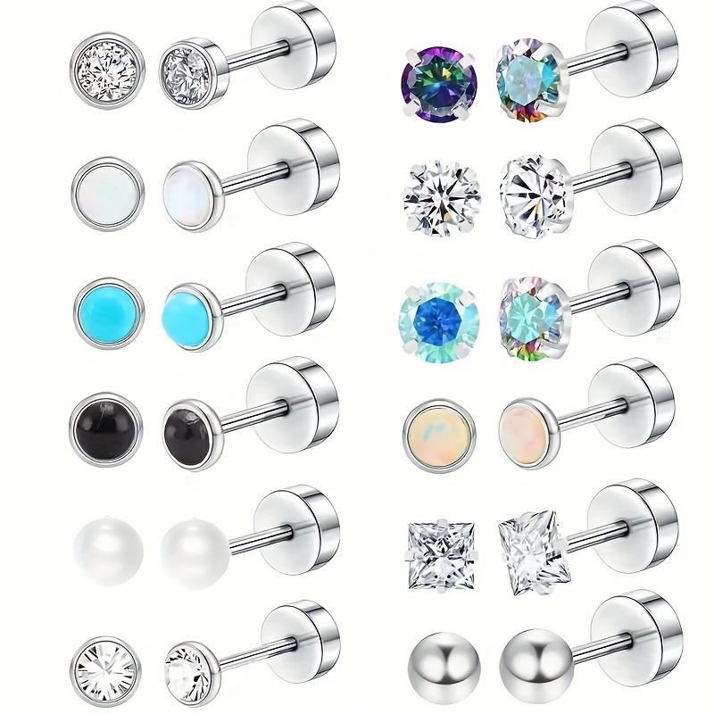 

24 Pcs 316l Stainless Steel Earrings Set, Round Flat Back Tragus Cartilage Studs With Shimmering Aaa Cubic Zirconia, Bohemian Style Vacation Inspired Ear Piercing Jewelry