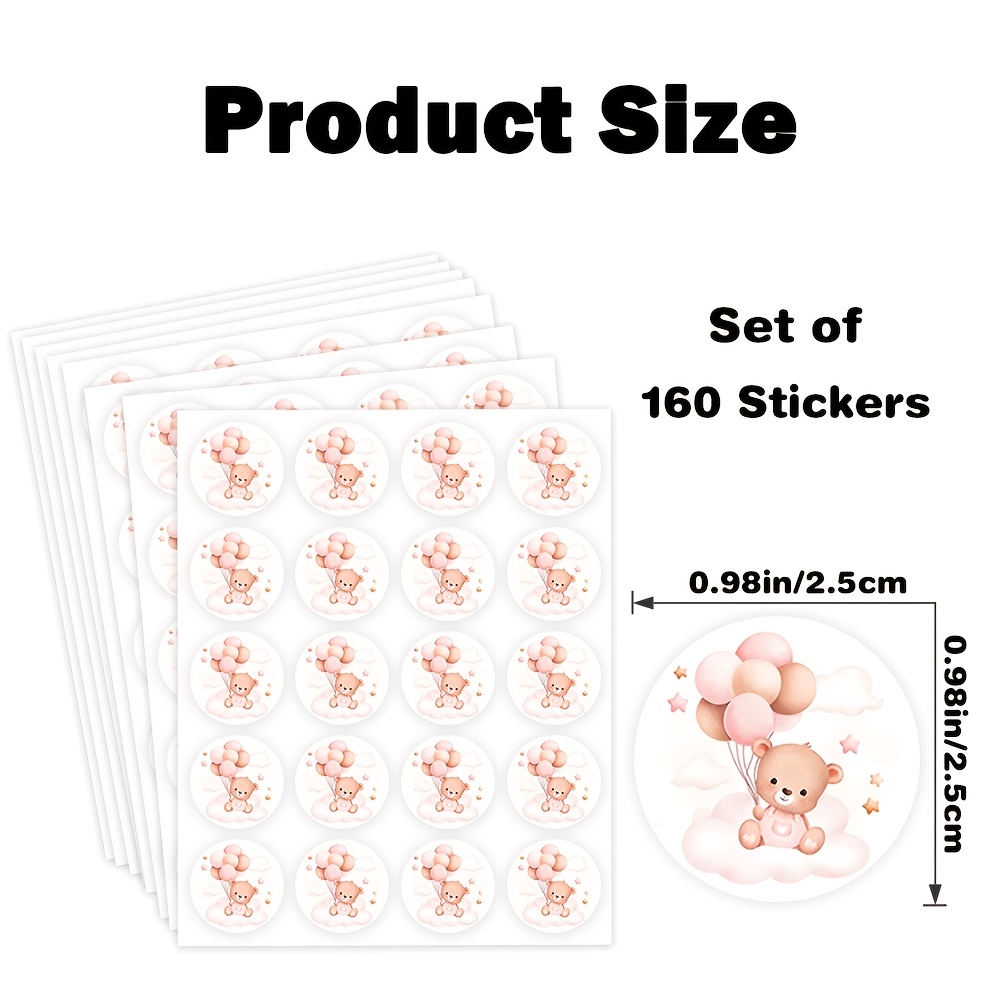 TEMU 160pcs Round Stickers With Bear And Balloon Elements, Gentle Watercolor , Suitable For Gift Boxes, Party Decorations, Celebration Gifts, Party