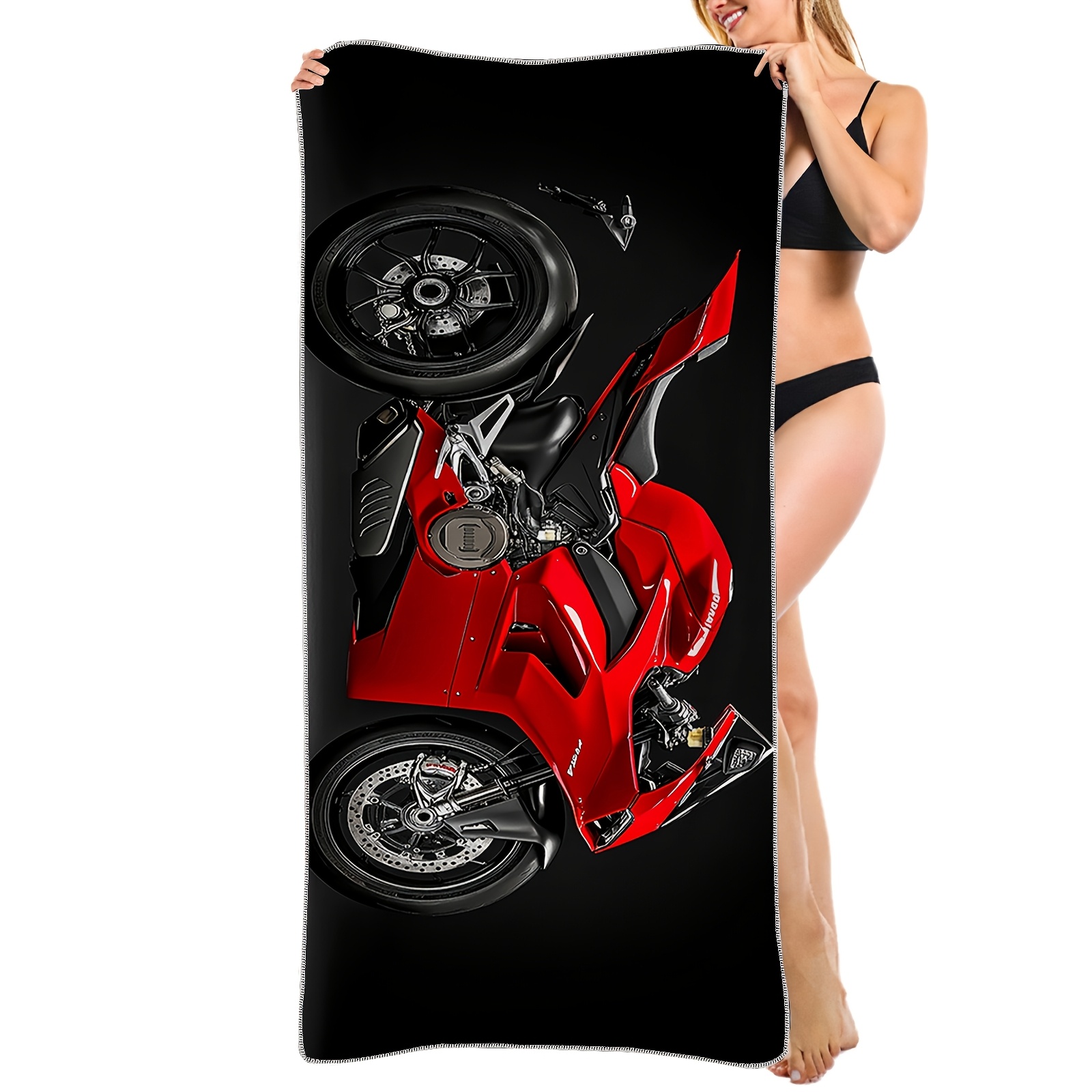 Microfiber Beach Towel Red Motorcycle Print Lightweight Absorbent_voghion.com