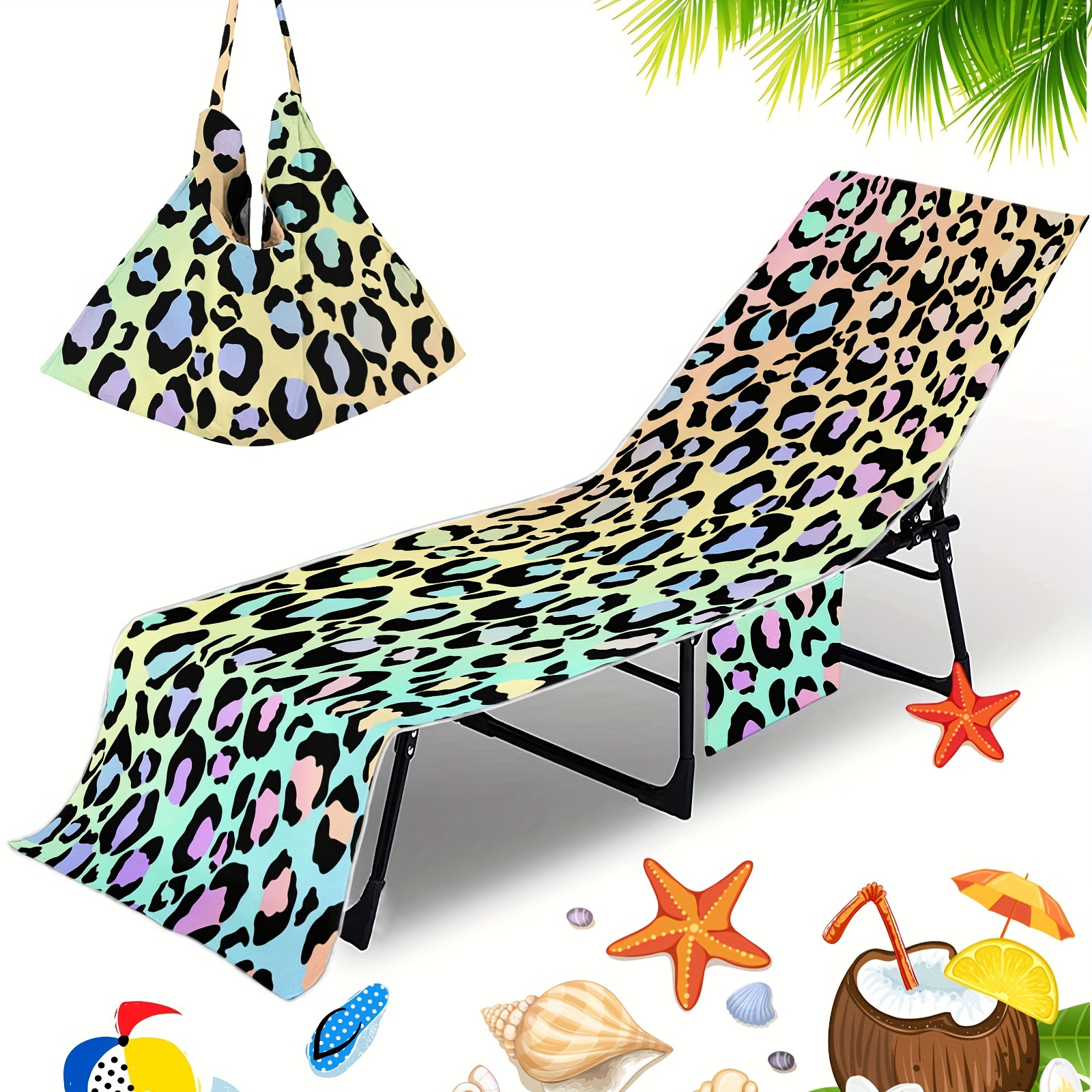TEMU Contemporary Leopard Print Beach Chair Cover Towel, 1-pack, 100% Polyester, Knitted Fabric Weave, Quick-dry, 250gsm, With Convenient Back Pocket