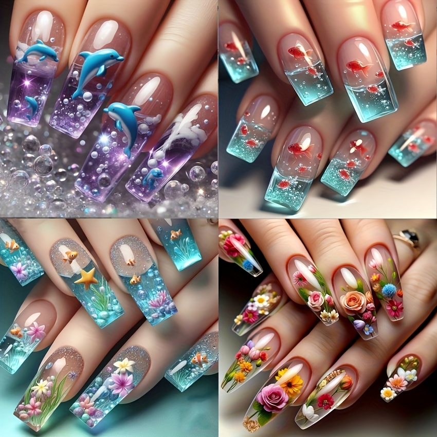 TEMU 96pcs 3d Goldfish Dolphin On Nails - Ballet Medium Length Cute Goldfish Starfish False Nails For Women And Summer, Glossy Finish With Jelly Glue & Nail File, Blue Tank Design Fake Nails, Stylish
