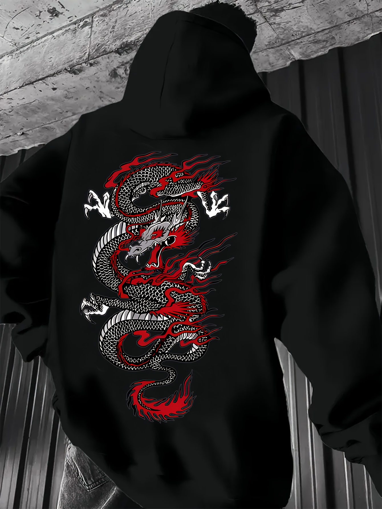 herren hoodie drachen print in rot lässiger Temu Germany
