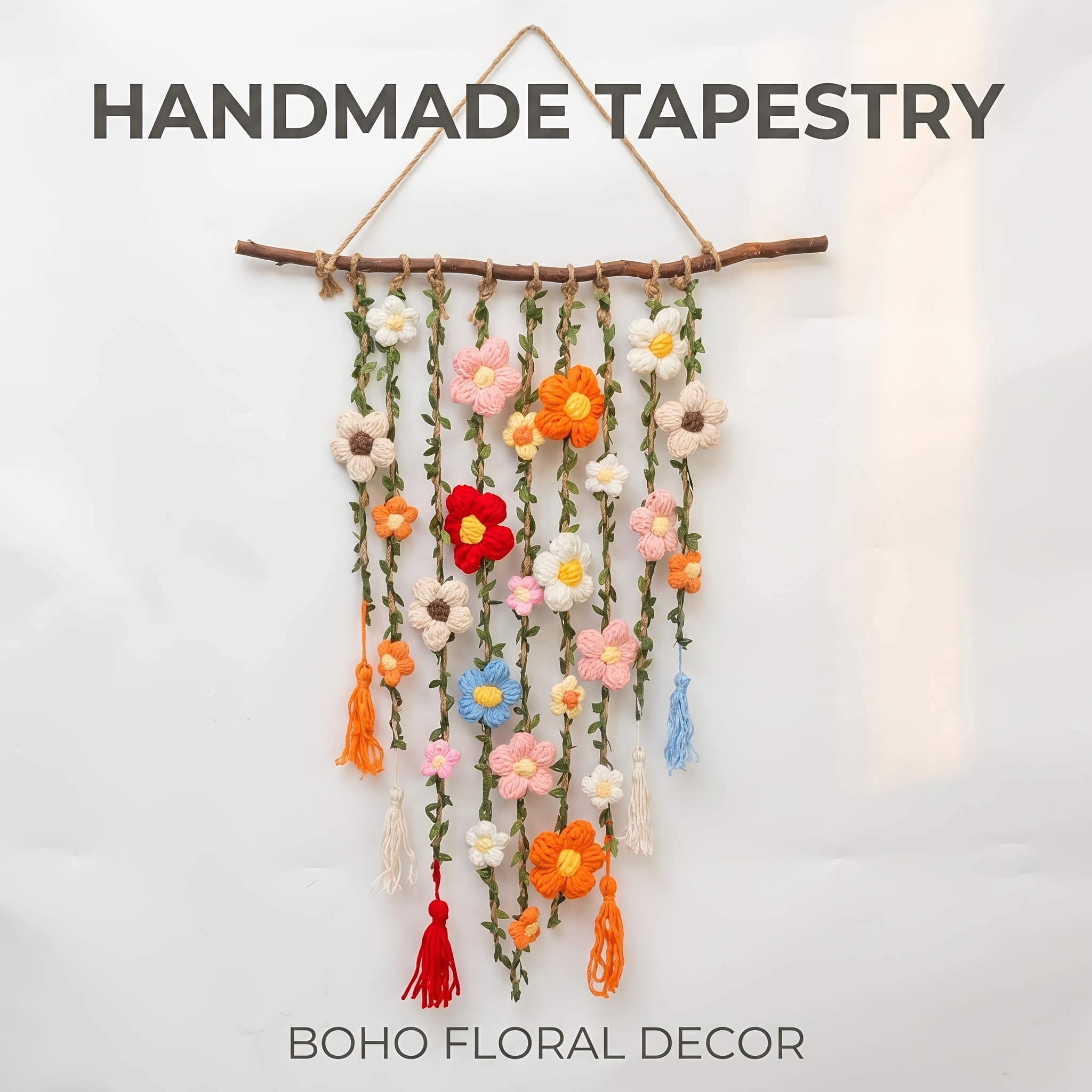 TEMU Handmade Crochet Colorful Flower Tree Branch Tapestry Bohemian Weave Tassel Wall Decor 50x80cm Pastoral Style Home Bedroom Apartment Dormitory