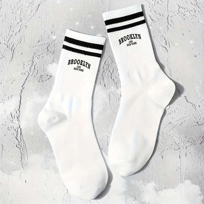 Image of 1 Pair Of Striped Letter Print Socks Casual Fashion Mid-calf Athletic Style Unisex Long Socks Comfortable Breathable Versatile