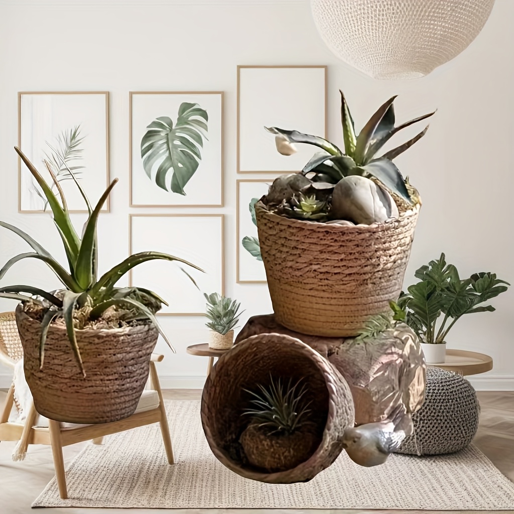 Juego de 3 macetas, macetas tejidas artesanales de estilo bohemio, macetas decorativas para plantas, contenedores para plantas verdes y suculentas, macetas decorativas de interior, macetas de decoración de escritorio. Regalo de jardinería, decoración del hogar