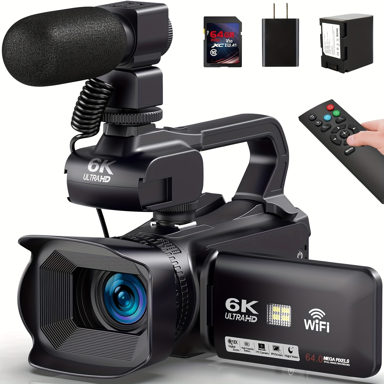 

6k Camcorder, 64mp 18x Ir For Youtube, Hd 4500mah Battery, Sd , , Mic, And Charger