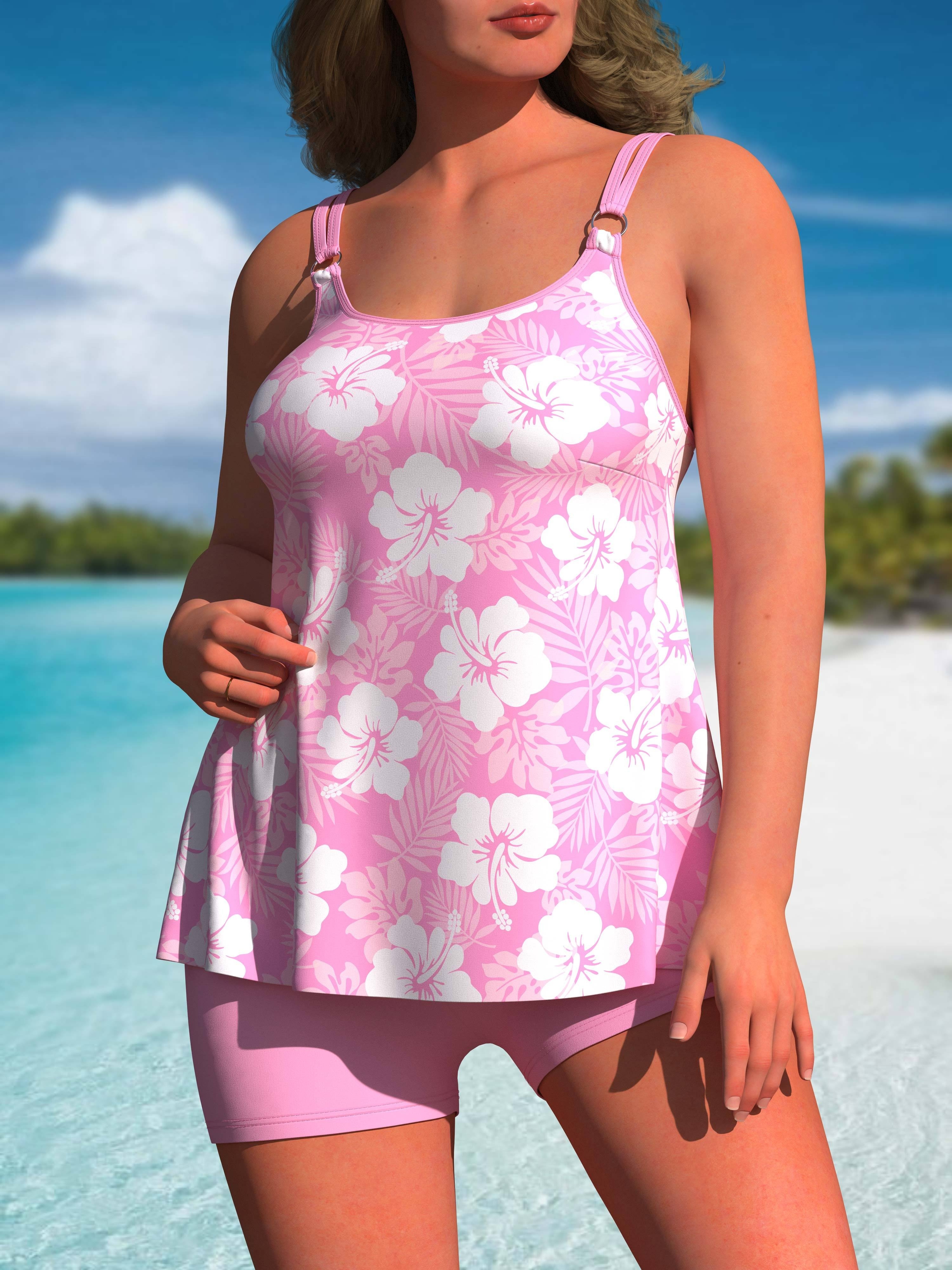 Plus Size Cute Tankini Set Women's Plus Floral Print Round - Temu
