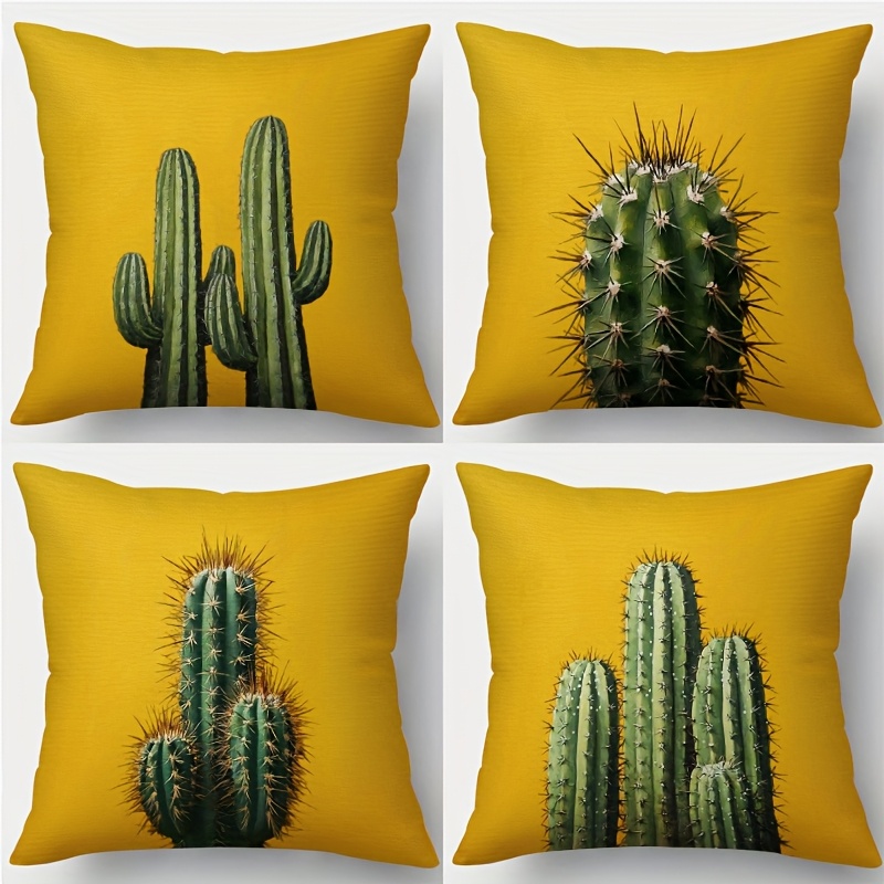 TEMU 2d Flat - Set Of 4, 2d Printed Pillow Covers. Featuring A Cactus Design On A Yellow Background, With A Minimalist Style That Exudes Vibe. Ideal