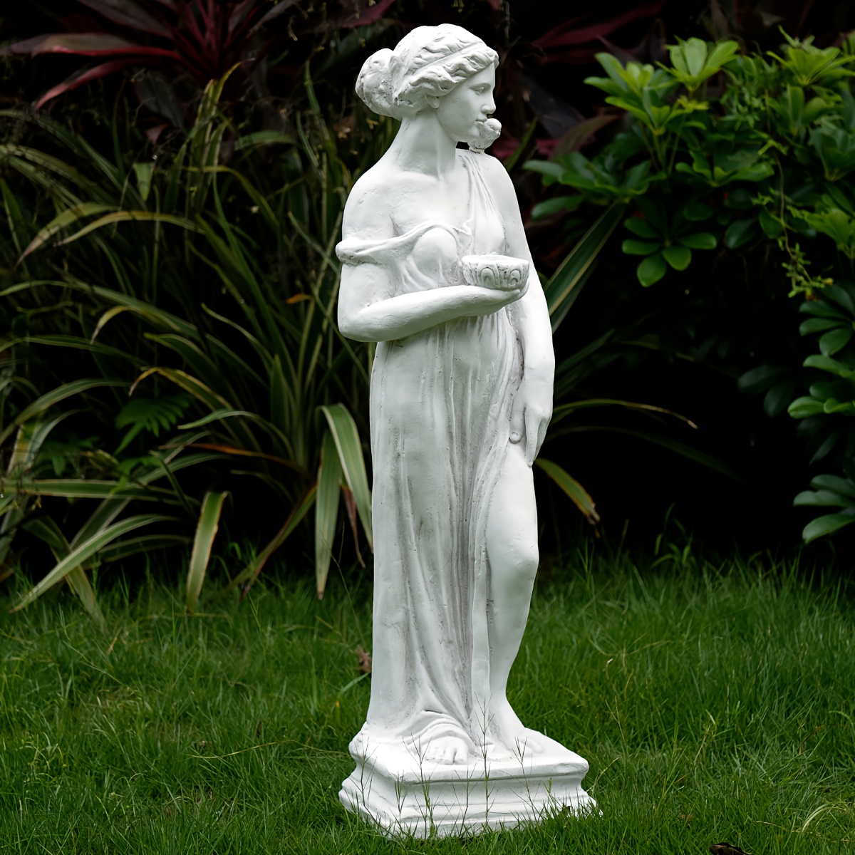 TEMU 1pc Statue With Birdbath And Bird Bath Bowl - Outdoor Garden Sculpture, Handcrafted Clay Patio Yard Lawn Porch Decor, No Electricity Needed,