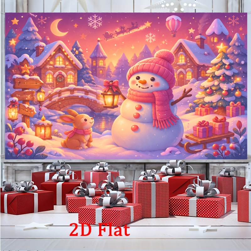2d 플랫 - 2d 플랫 - 1개 낭만적인 눈이 내린 마을 장면, 빛나는 코티지, 니트 모자와 스카프를 쓴 활기찬 눈인형, 장식이 있는 축제 분위기의 크리스마스 트리, 랜턴 옆에 앉은 토끼, 크리스마스 테마 파티 배너, 크리스마스 배경에 이상적