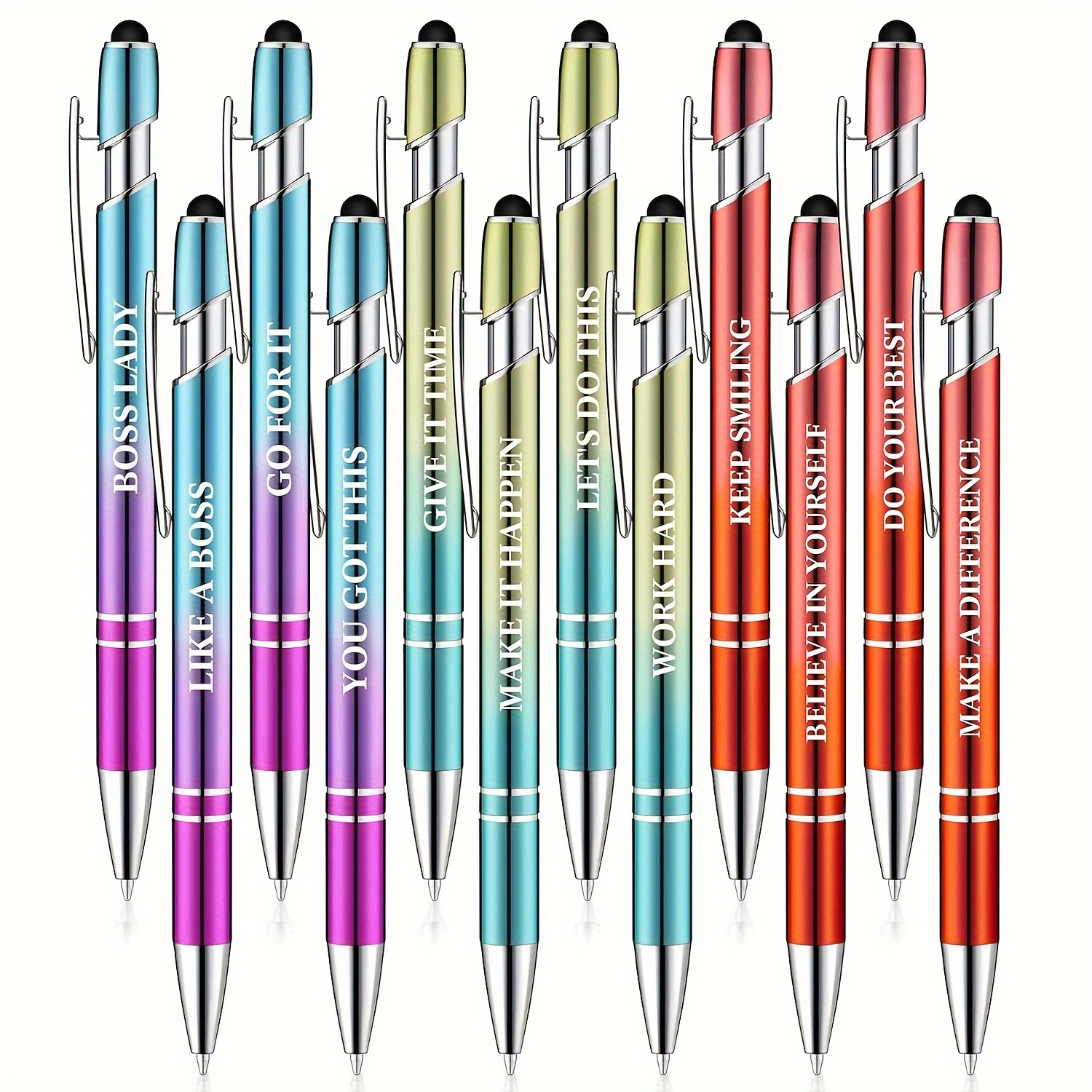 

12-pack Motivational Metal Ballpoint Pens With Stylus Tip, Quick-drying Medium Point, Retractable Stick Pens For Office, Inspirational Gifts For Women And Coworkers (ages 14+)