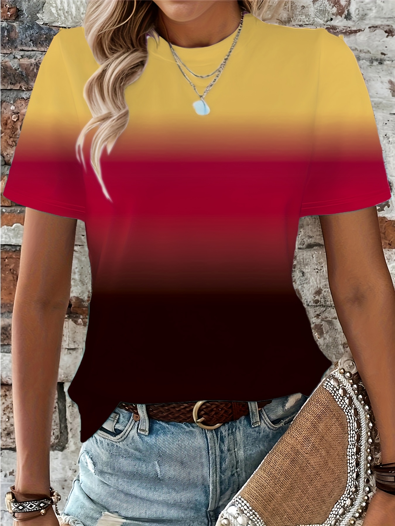 Gradient Crew Neck T-shirt, Short Sleeve Casual Top For Spring & Summer, Women's Clothing