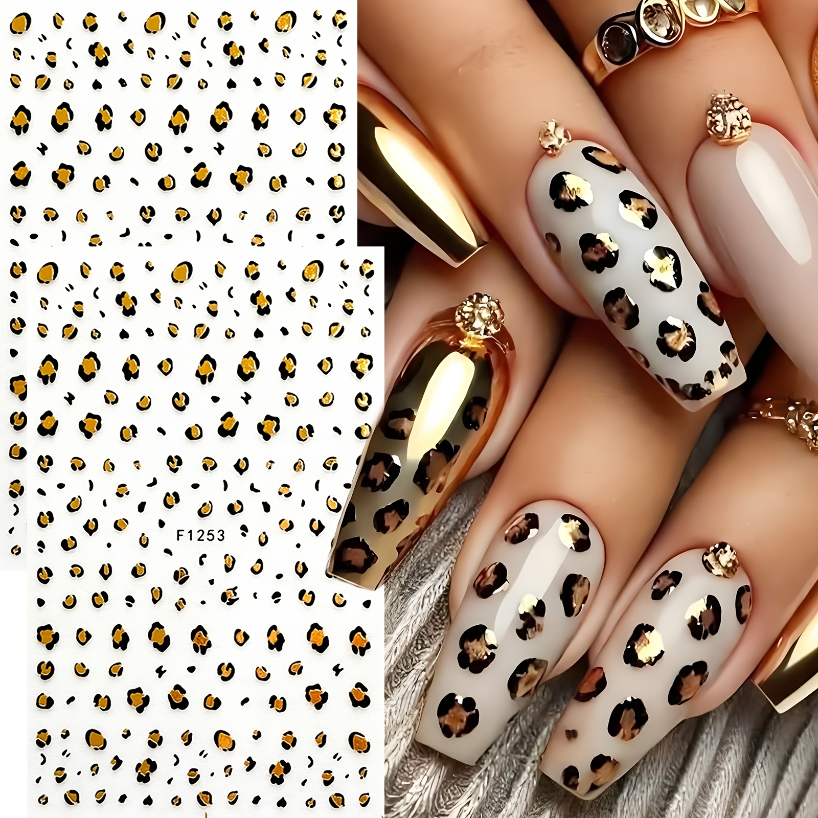 TEMU 2 Stk. metallisch goldene Nagelaufkleber mit Leopardenmuster, Retro Herbst helle Gepardenflecken-Tiermuster-Nagelabziehbilder, DIY Nageldeko für