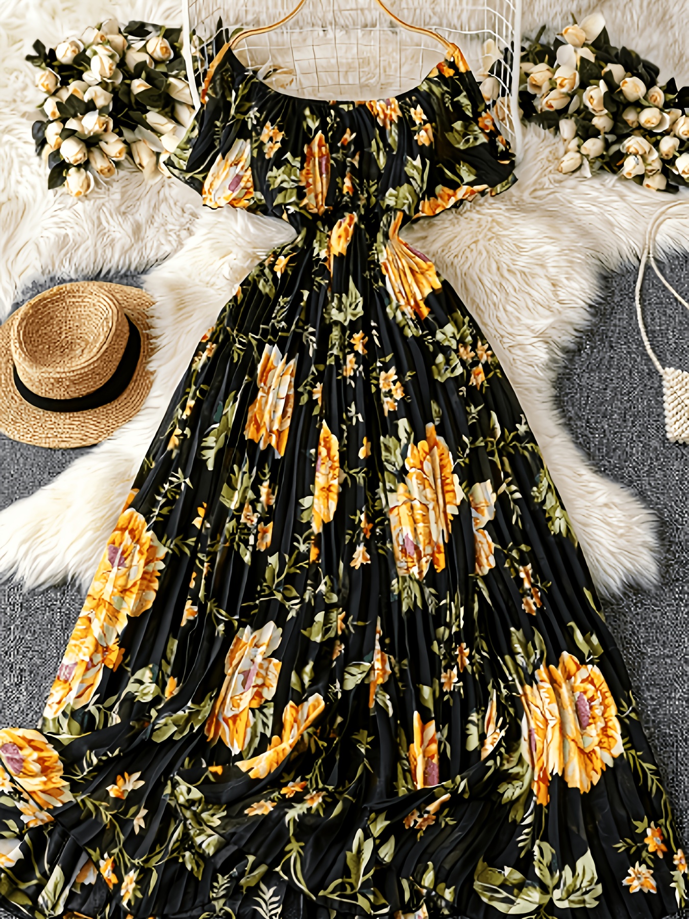 plus size floral print chiffon sleeveless elegant vacation vintage pleated maxi dress