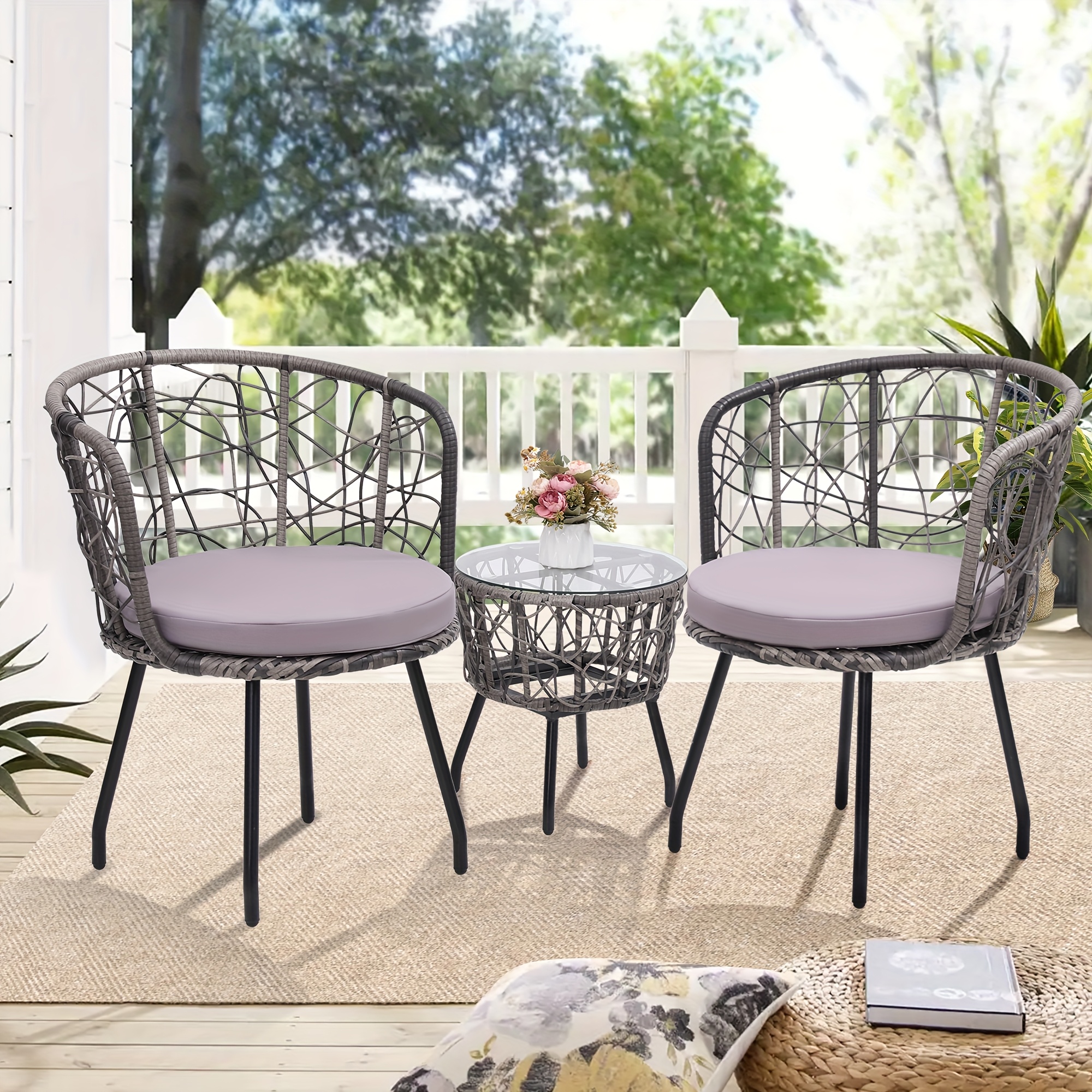 3pcs Bistro Set, Modern Furniture with Tempered Glass Table Top, 2 Chairs, Outdoor Wicker Patio Set, Washable Cushions,