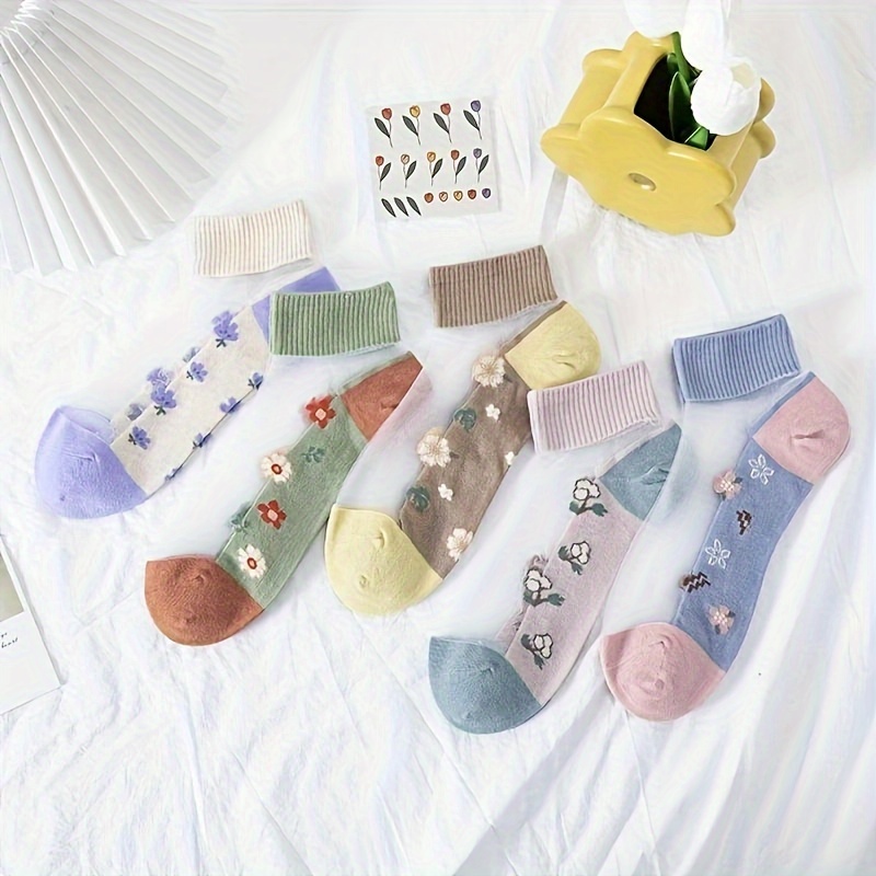 TEMU 5 Pairs Women's Floral Embroidered -lined Breathable Socks, Polyester 100%, Short Crew Length, Hand Washable, 180gsm Knit Fabric, Summer Crystal
