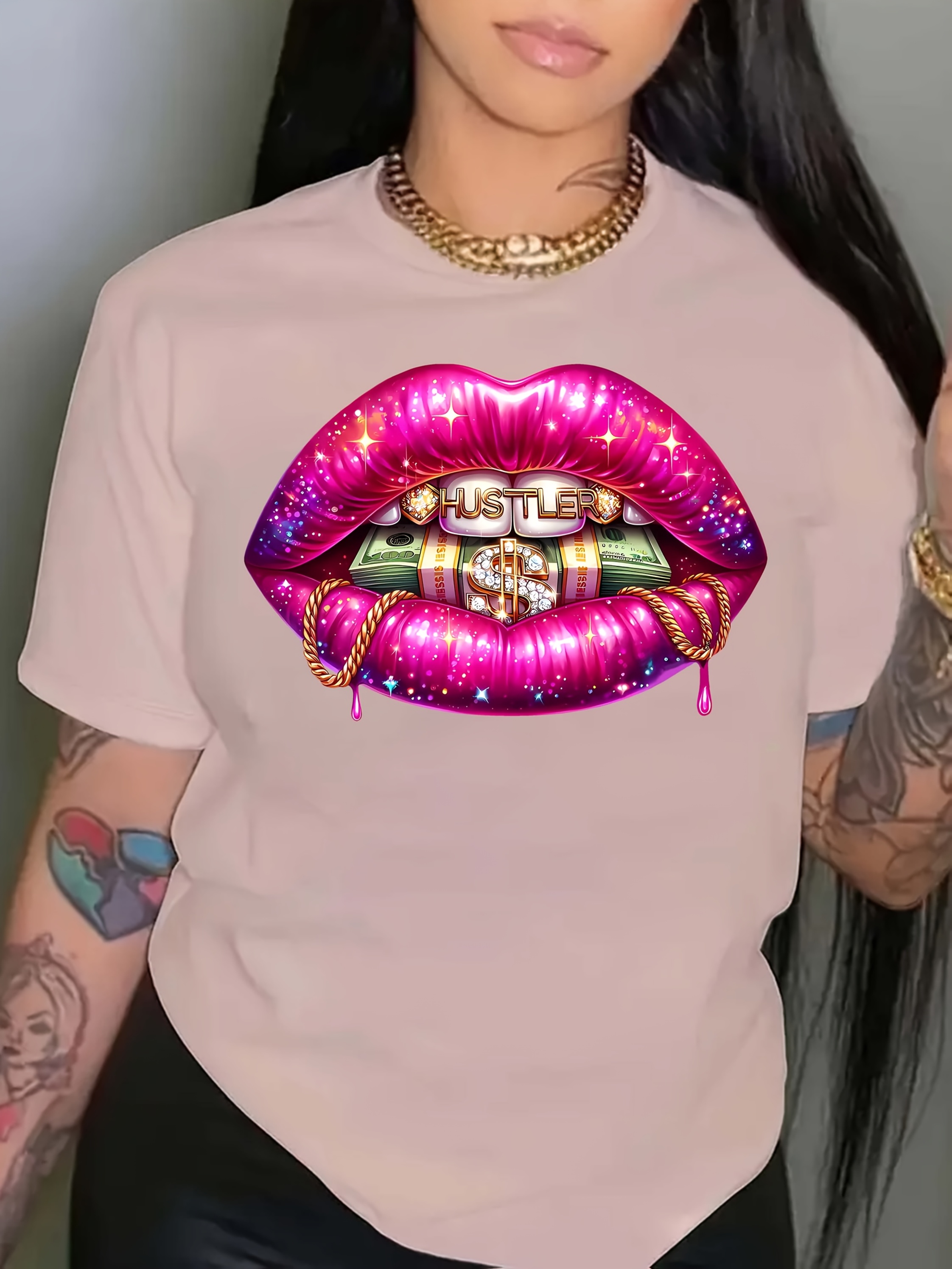 kvinnelige rosa dollars grafisk tee casual crew - Temu Norway, image size:800x1067