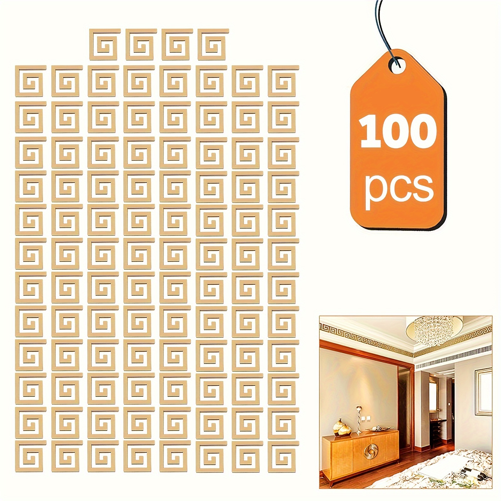 

100pcs Acrylic Greek Key Ceiling Molding Decals, 1.9 Inch Geometric Stickers, And Stick Wall And Ceiling Trim Decor, Indoor Use, No Electricity Needed, Orientation, Featherless