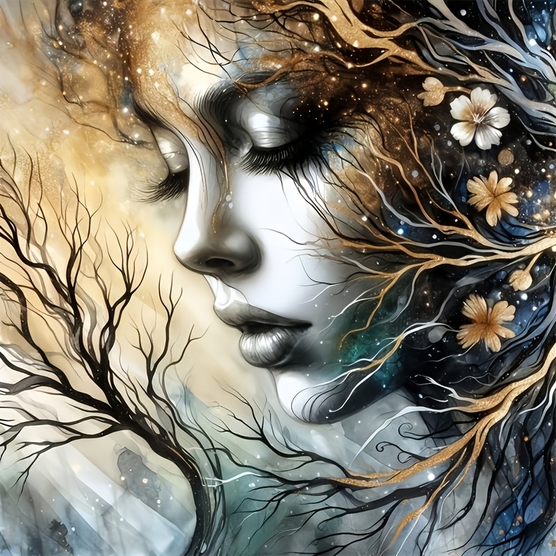 TEMU Kit de peinture diamant 5D, visage de femme aquarelle avec branche dorée, motif floral et à l'encre étoilée, cadre, décoration murale esthétique