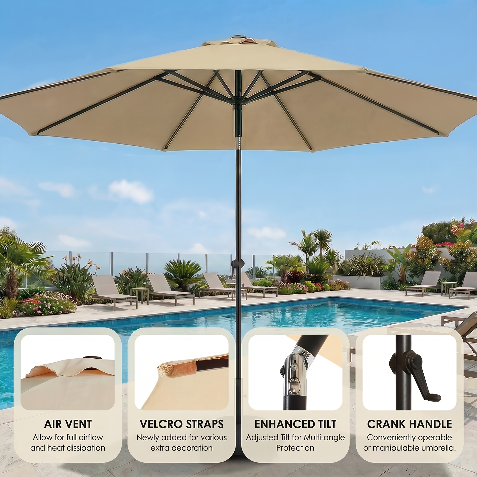 [9ft Polyester Patio Umbrella] 9ft Polyester Patio Umbrella with Base | Outdoor Market Umbrella with Ventilation, Suitable for Pool, Garden, Backyard, Deck, Christmas & Halloween