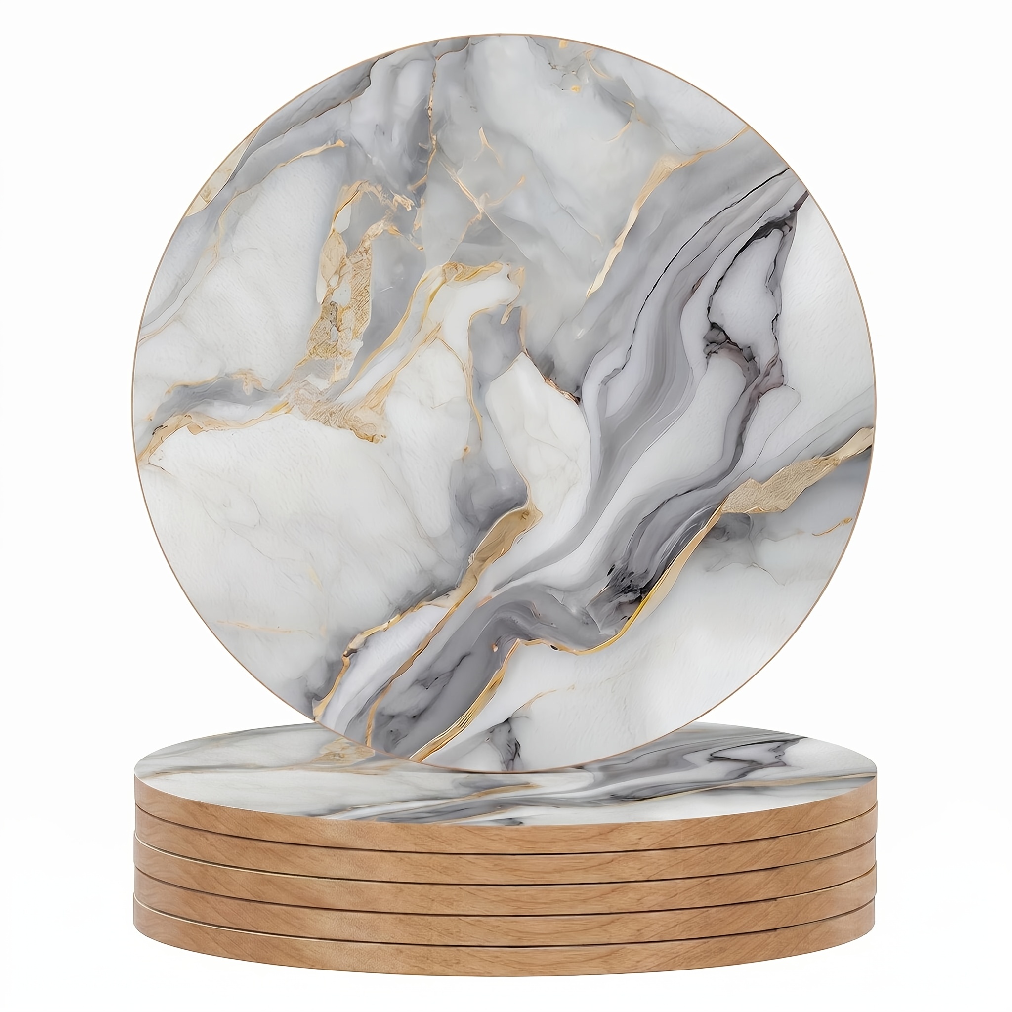 TEMU 6pcs Wooden Marble 2d Pattern Coasters, Heat-resistant And Non-slip Home Decor Table Mats, Indoor And Outdoor Kitchen Table Decor, Coffee Cup