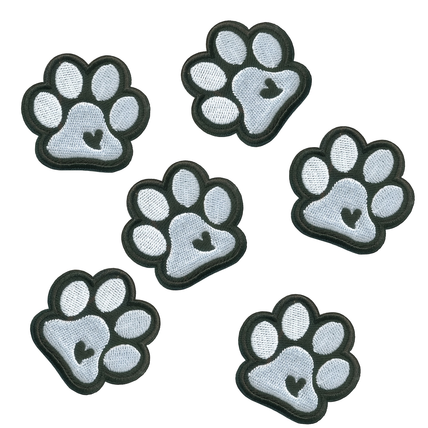 TEMU Lot de 6 pièces de patchs brodés cœur et patte de chien noirs et blancs, à thermocoller ou à coudre soi-même, adaptés aux vêtements, sacs à dos