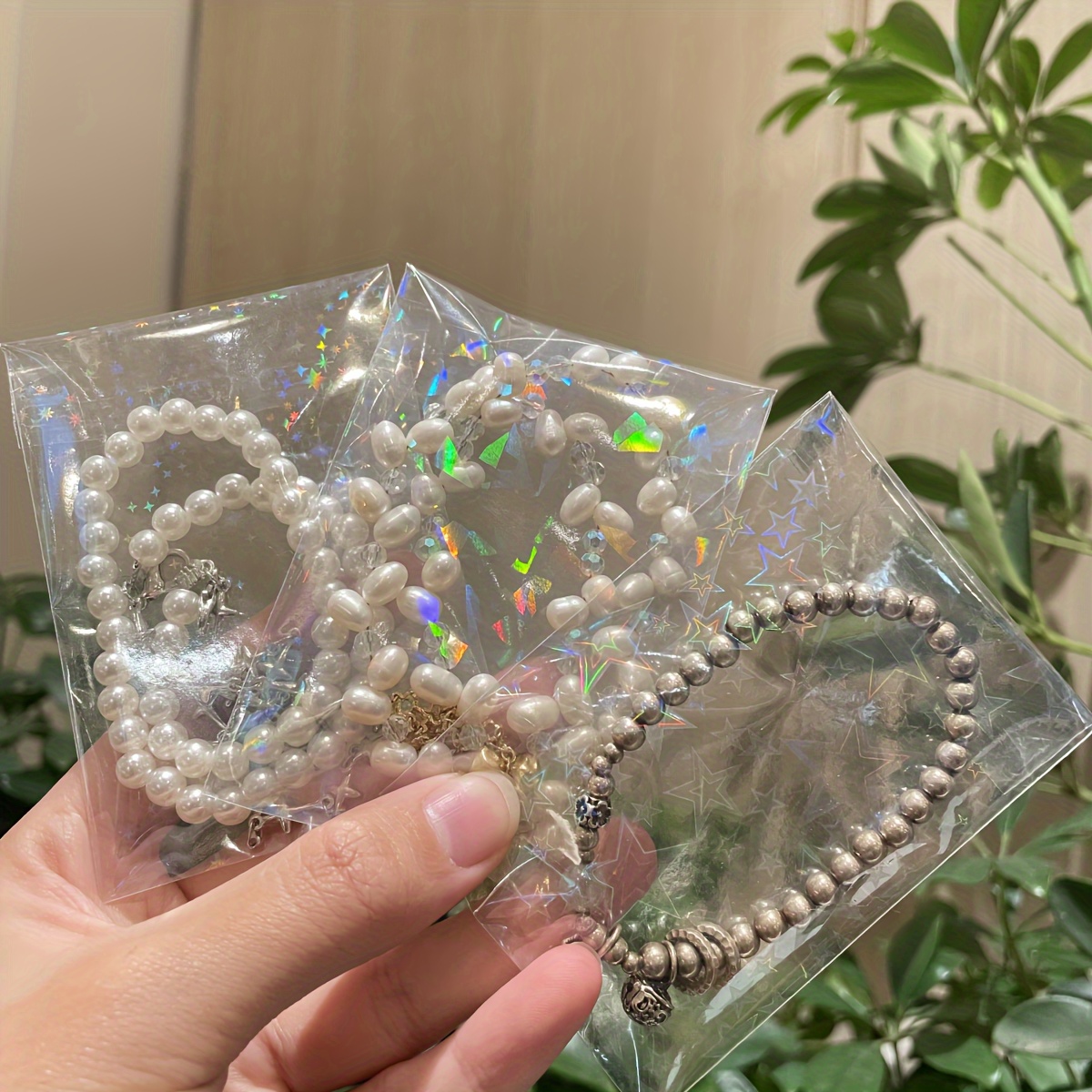 50 Transparent Laser Jewelry Pouches, Glitter Storage Bags