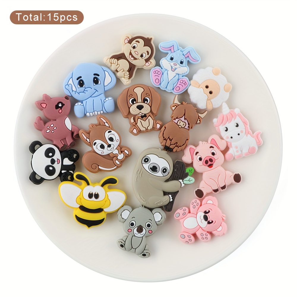 15pcs, Assorted Animal Silicone Focus Beads (dogs, Rabbits, Deer, Pigs, Etc.), Used For Handmade Bracelets, Jewelry, Keychains, Decorative Beads, Bead Pens, Etc
