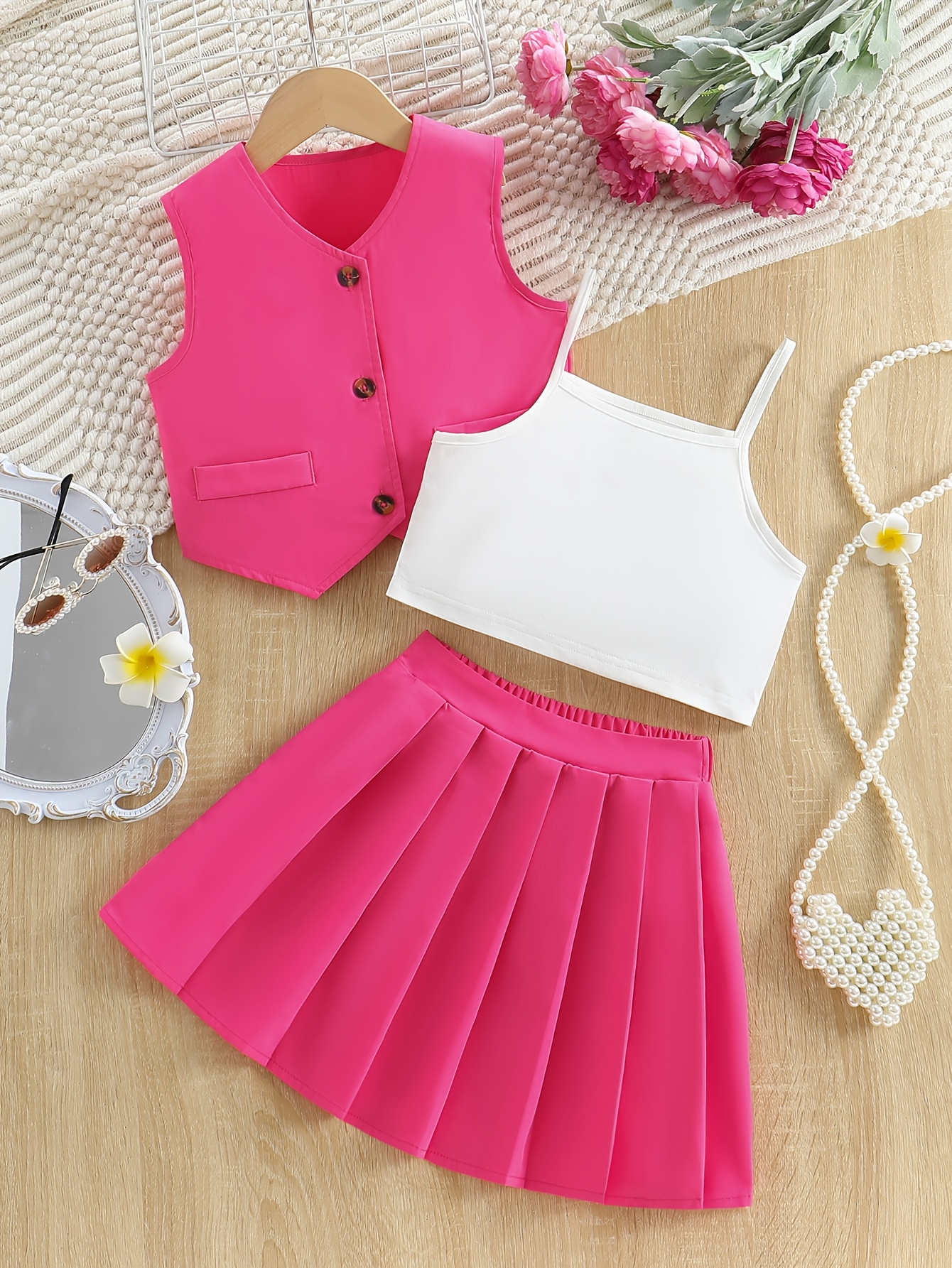 3pcs Summer Outfit Set Pink White Vest, Sleeveless Top A-Line Skirt  Dress with Pocket Smock Collar, Short Matching Dress Clothes (Casua