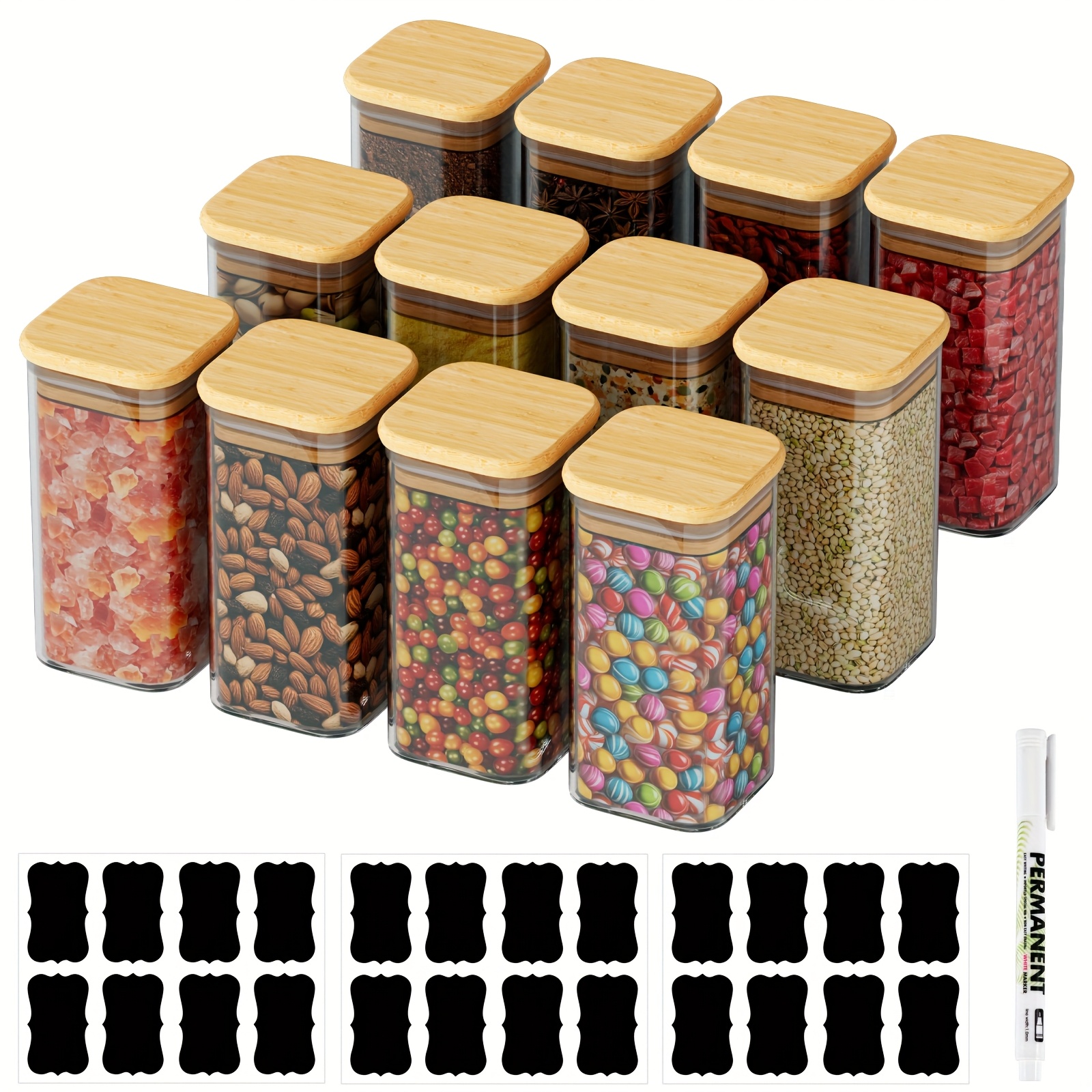 TEMU 12pcs Set Of 350ml Square Glass Spice Jars With Lids And Waterproof Labels â Airtight Kitchen Storage Containers For Organizing Herbs, Spices,