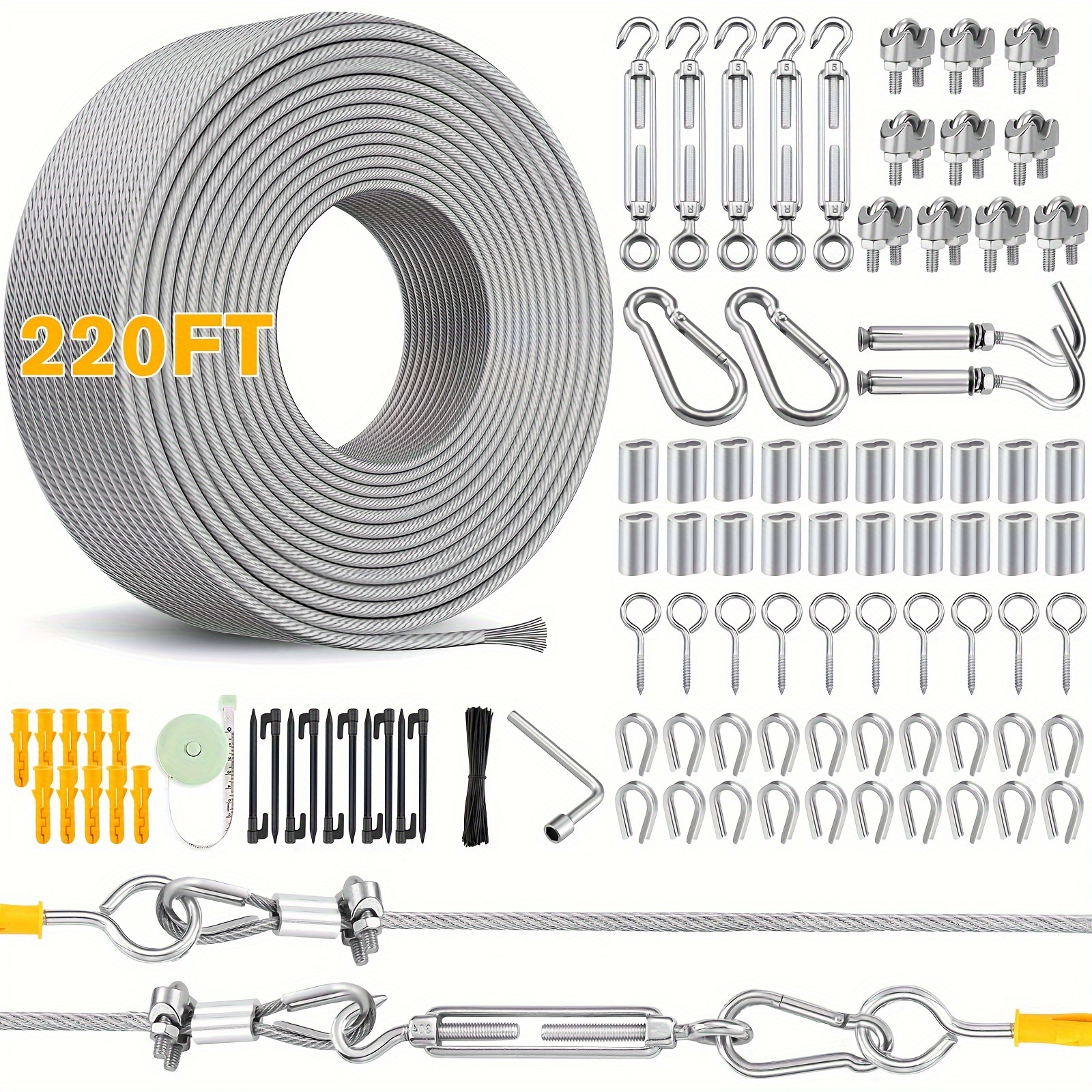 Image of 67m (220ft) 3mm Vinyl Coated 304 Stainless (192pcs) - Heavy Duty M5 Turnbuckles & Clips, -one Balustrade Railing & Garden Trellis System