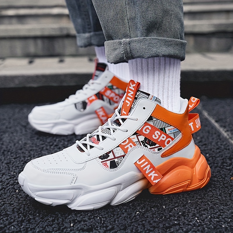 Zapatillas casuales de caña alta para hombre con patrón aleatorio, ajuste universal, cierre de cordones, uso para todas las estaciones, punta redonda, suela de PVC, plantilla de tela y parte superior de imitación.