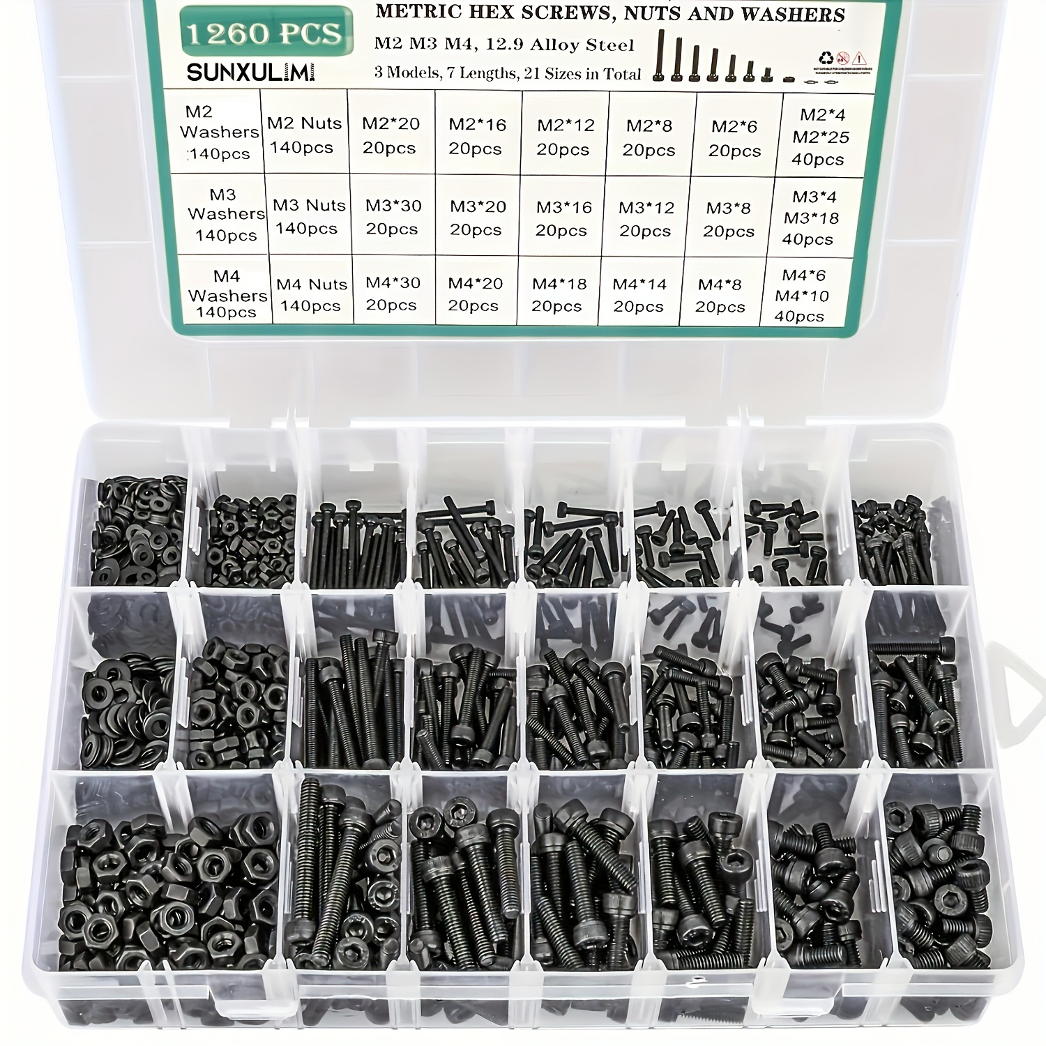 

1260pcs Metric Bolt Assortment M2 M3 M4, 21 Sizes 4mm To 30mm Upgraded Zinc Plated Hex Socket Head Cap Machine Screws, 12.9 Alloy And Nuts Kit Screws Nuts And Washers