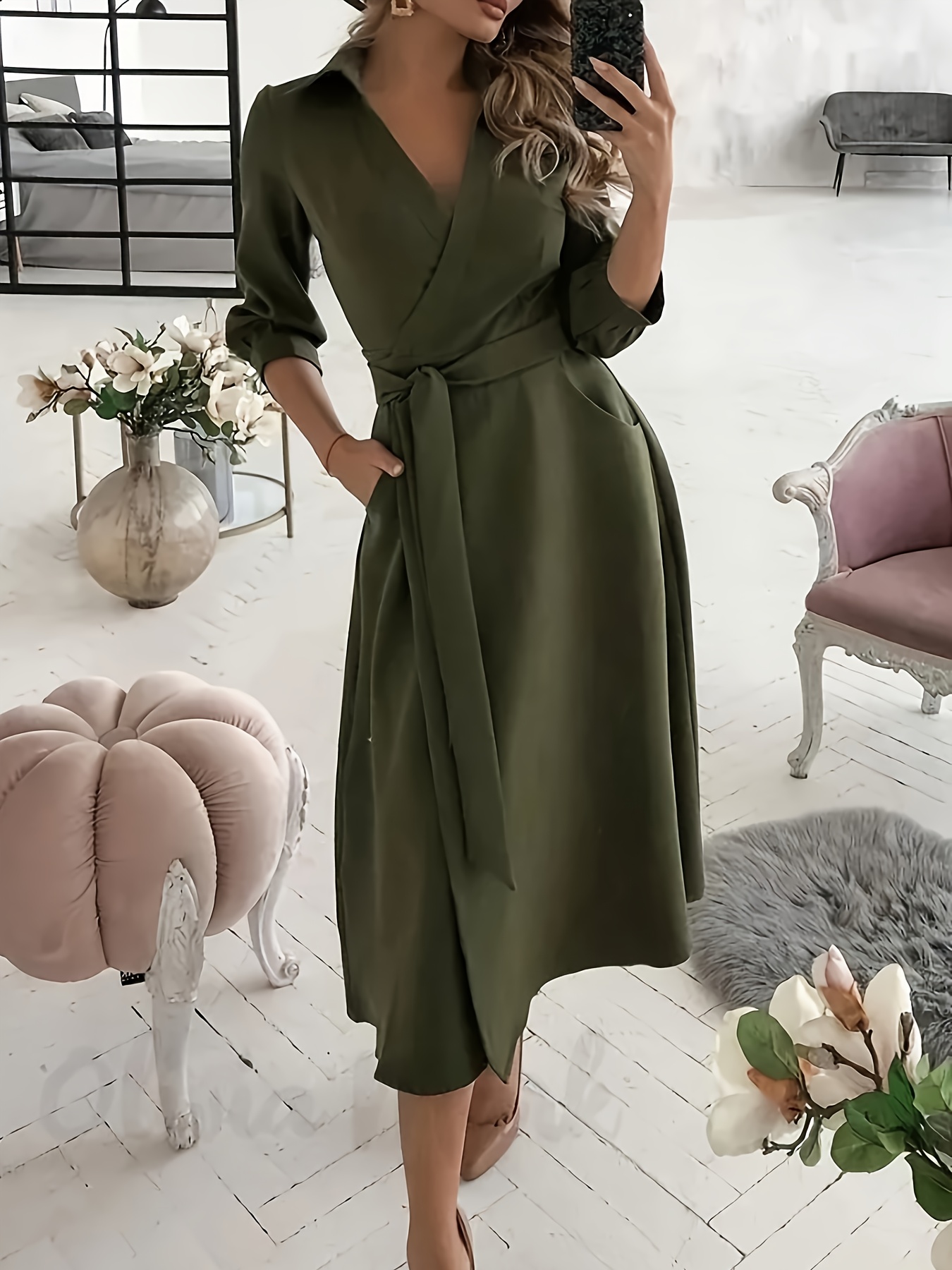 womens elegant 3 4 sleeve lapel a line dress | Temu