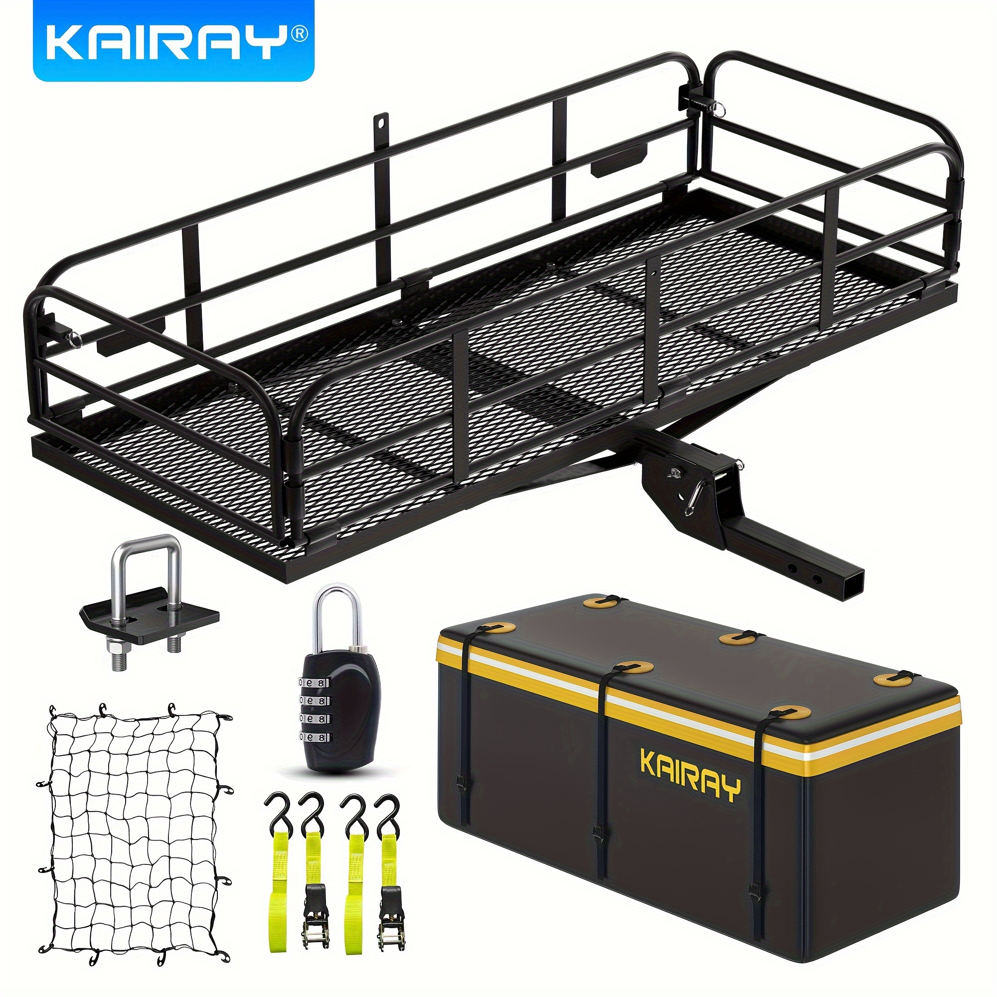 

Kairay 500 Lbs Heavy Duty Hitch Mount Cargo Carrier 60" X 24" X 14.4"/ 152.4cm X 61cm X 36.5cm Folding Cargo Rack Rear Luggage Basket Fits Any Standard 2" Hitch Receiver For Car Suv Camping Traveling