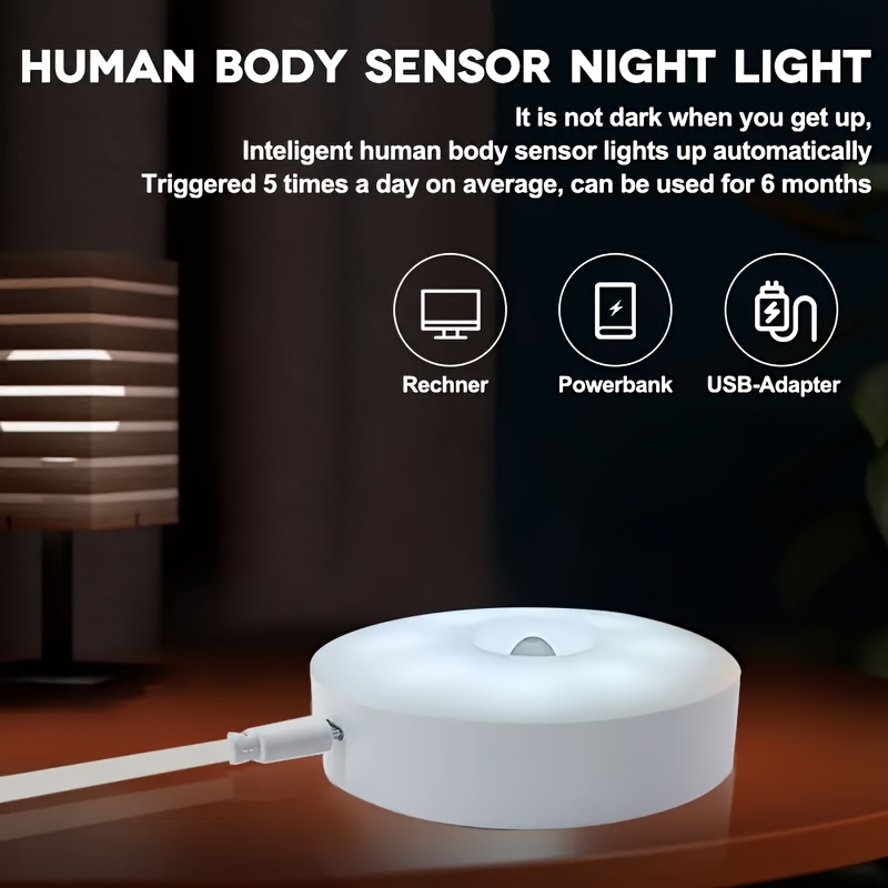 5pcs Smart Motion Sensor LED Night Light, Magnetic Bedside Lamp, Round Staircase Wall Lamp, Charging Desk Lamp for Students' Dormitory Bookshelf, Suitable For Stairs Bedroom Dormitory And Wardrobe, Perfect Creative Gift, Halloween Christmas Holiday