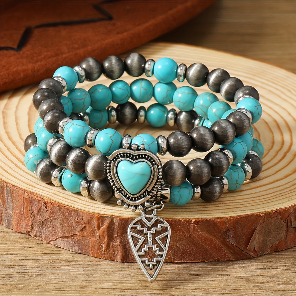 

Boho-chic 3pcs Wooden Bead & Heart Charm Bracelet Set For Women - Perfect For Weddings, Parties & Casual Attire