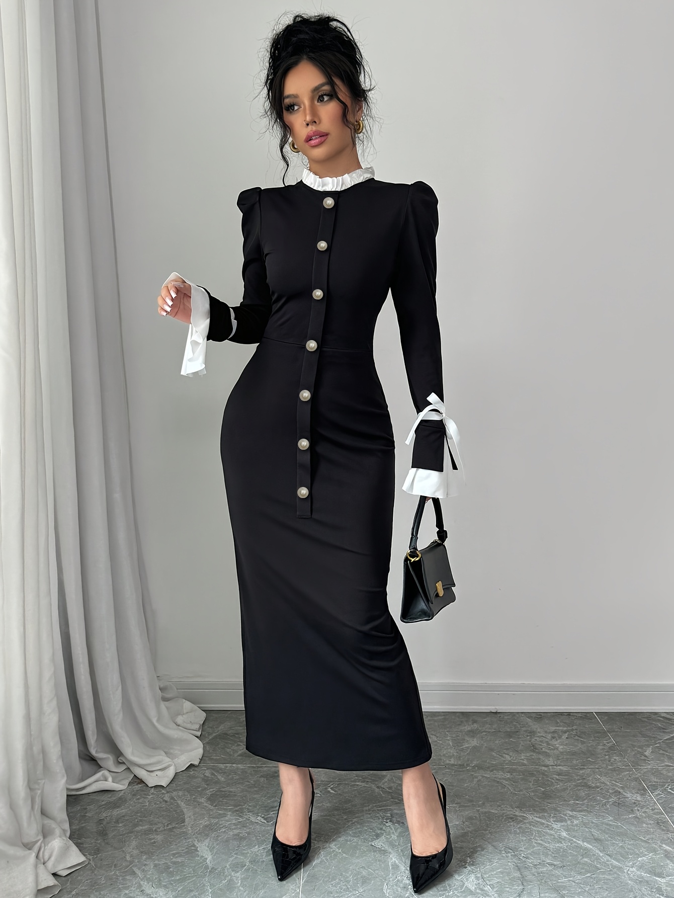 elegant solid color a line dress with round neck long sleeves bow accent     a line dress for weddings parties fall winter events machine washable dress in neutral colors black 3